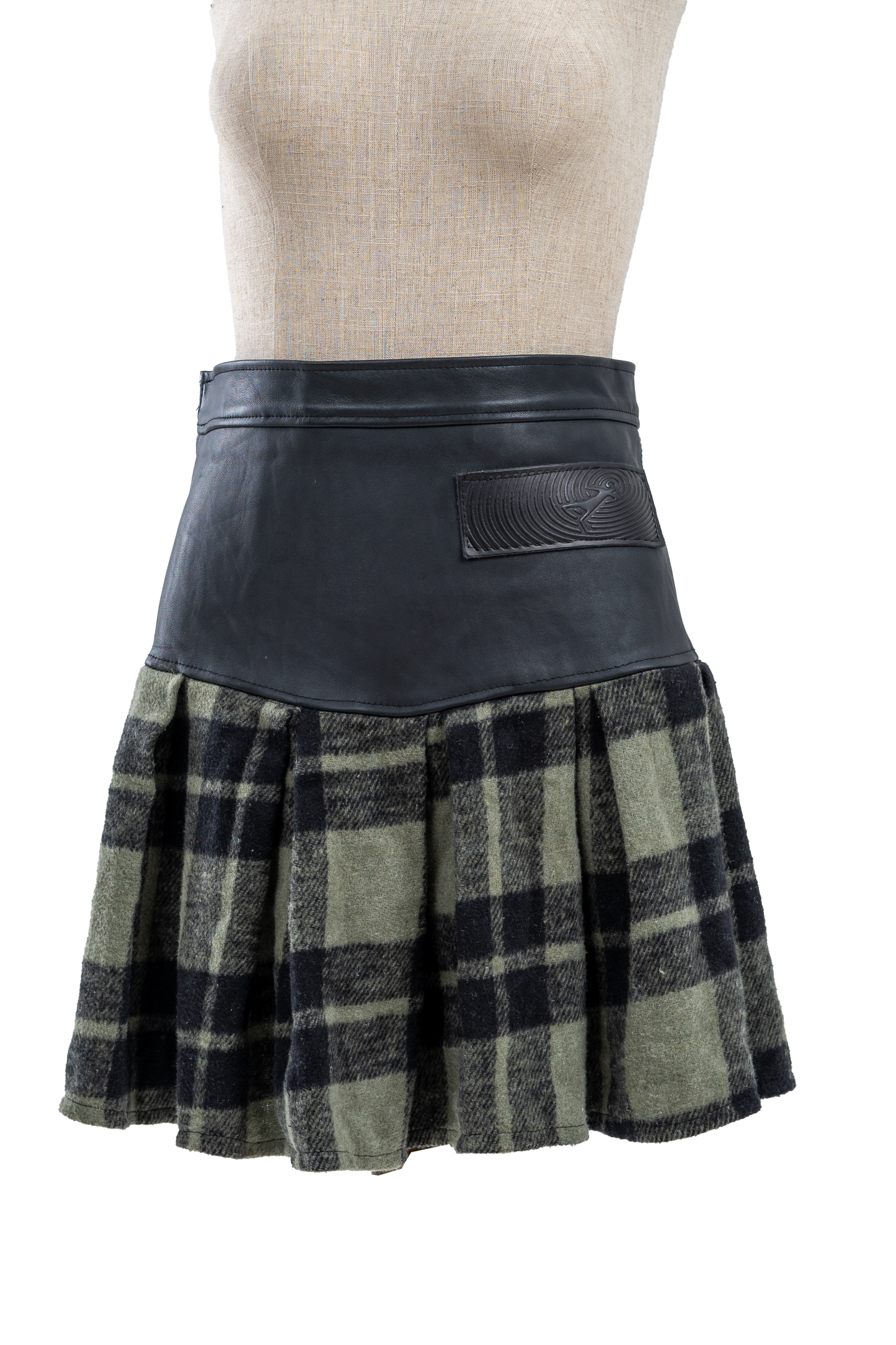 Genuine leather Green plaid pleated Skirt