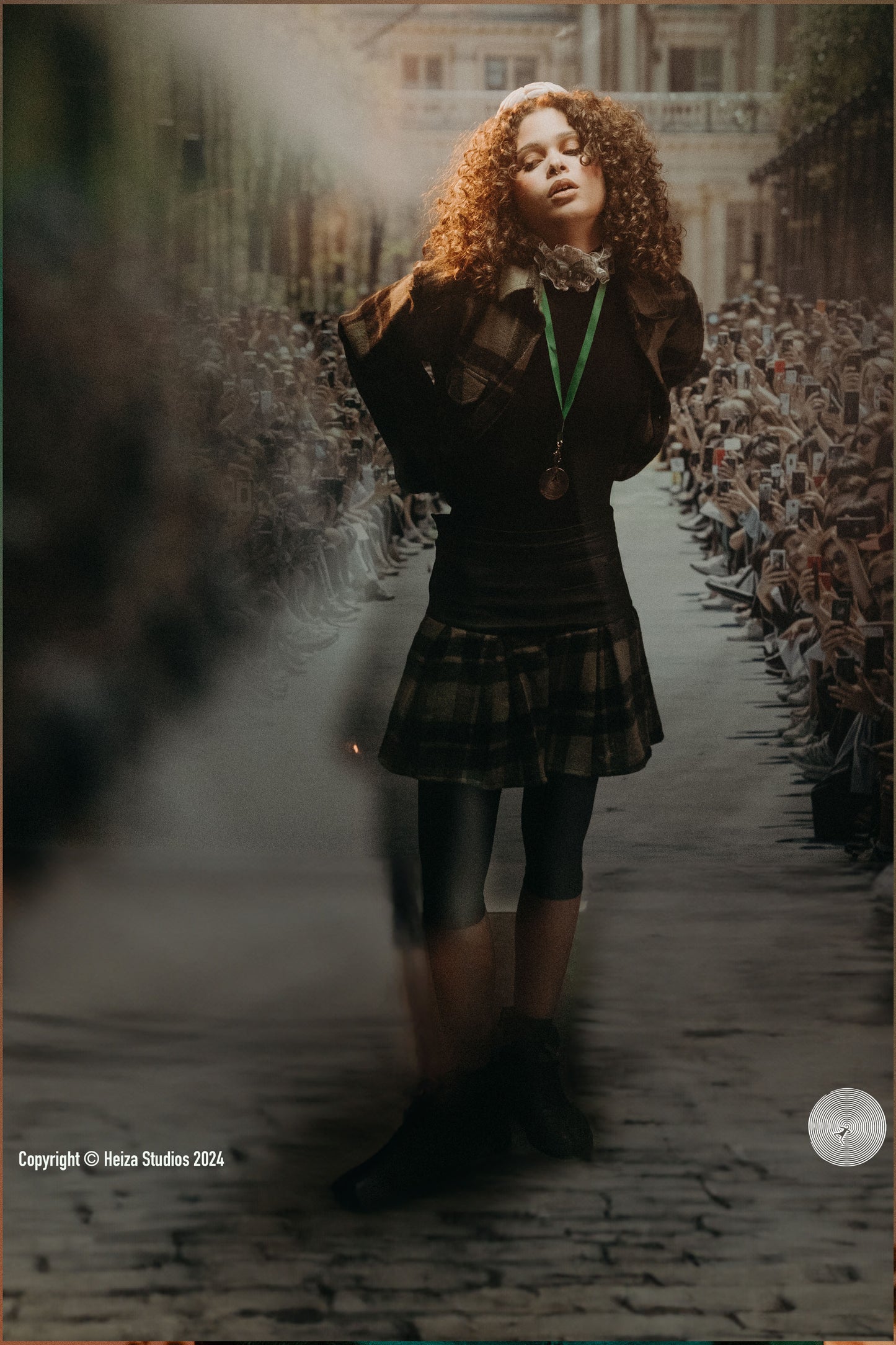 Genuine leather Green plaid pleated Skirt