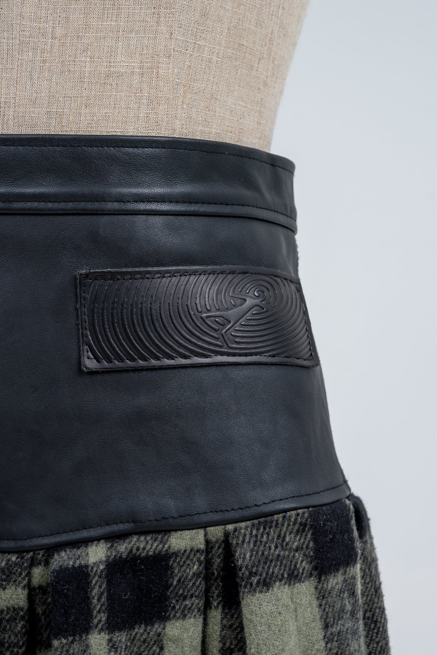 Genuine leather Green plaid pleated Skirt
