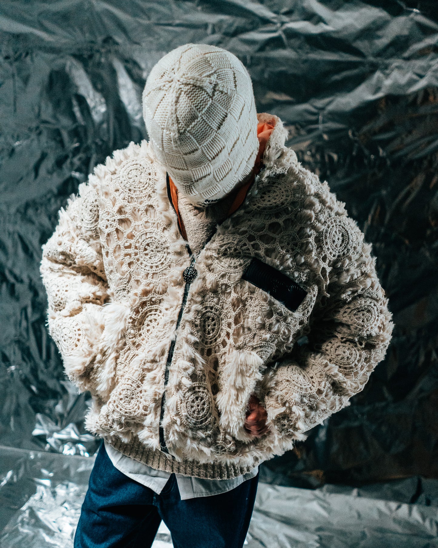 Hand knit Fur Zip-up