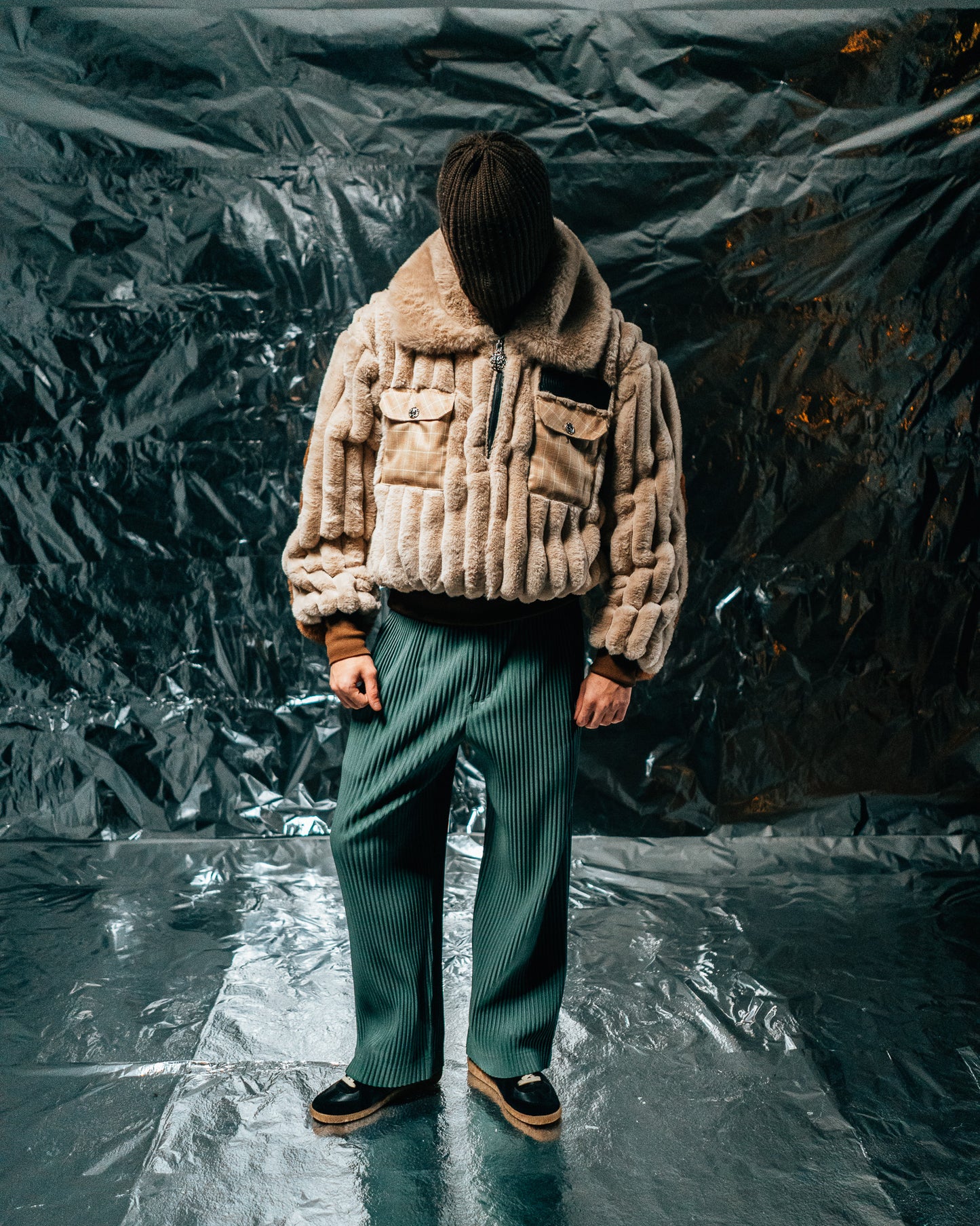 Plaid Beige/checkered wool Fur Half-zip
