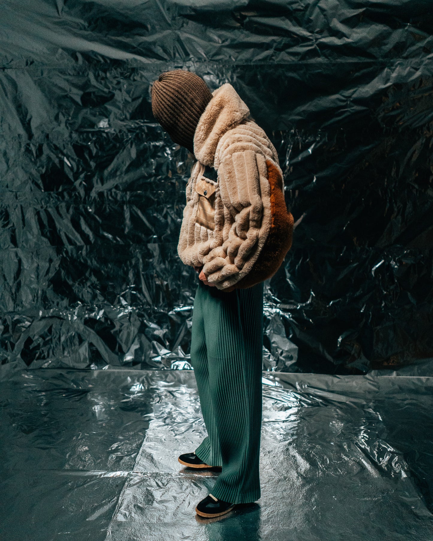 Plaid Beige/checkered wool Fur Half-zip