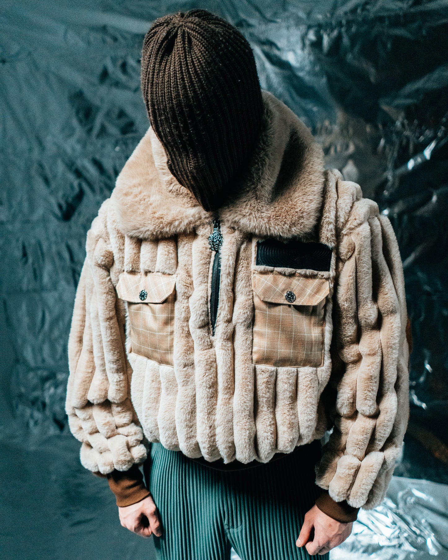 Plaid Beige/checkered wool Fur Half-zip