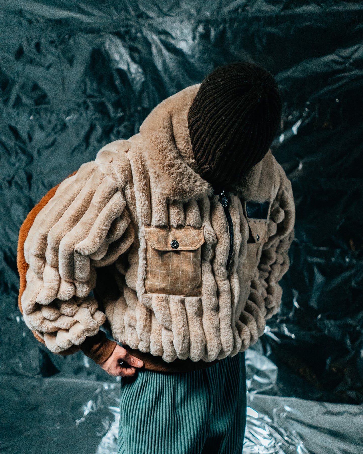 Plaid Beige/checkered wool Fur Half-zip