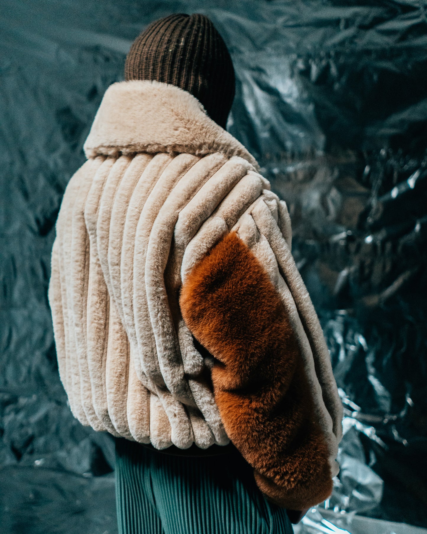Plaid Beige/checkered wool Fur Half-zip