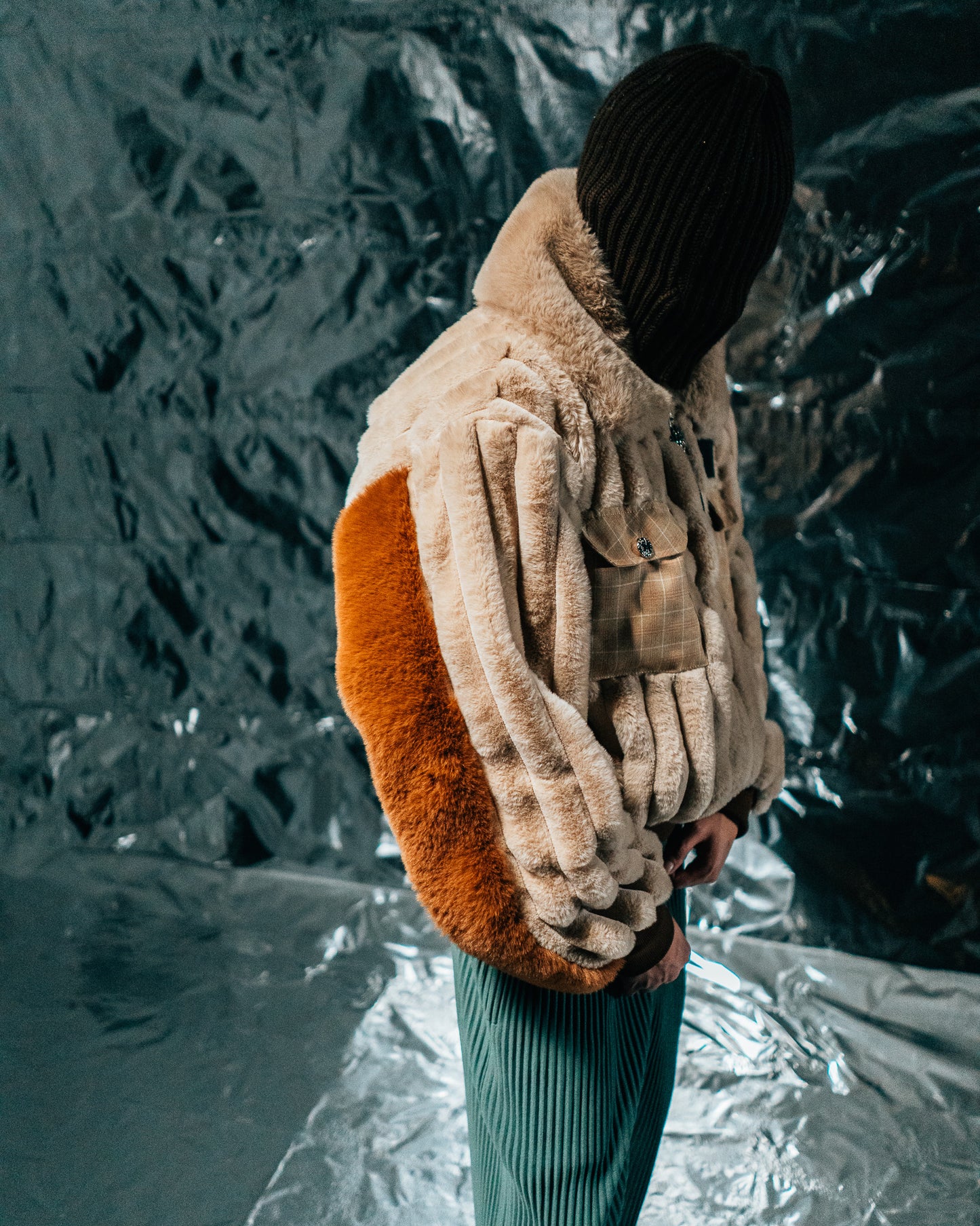 Plaid Beige/checkered wool Fur Half-zip