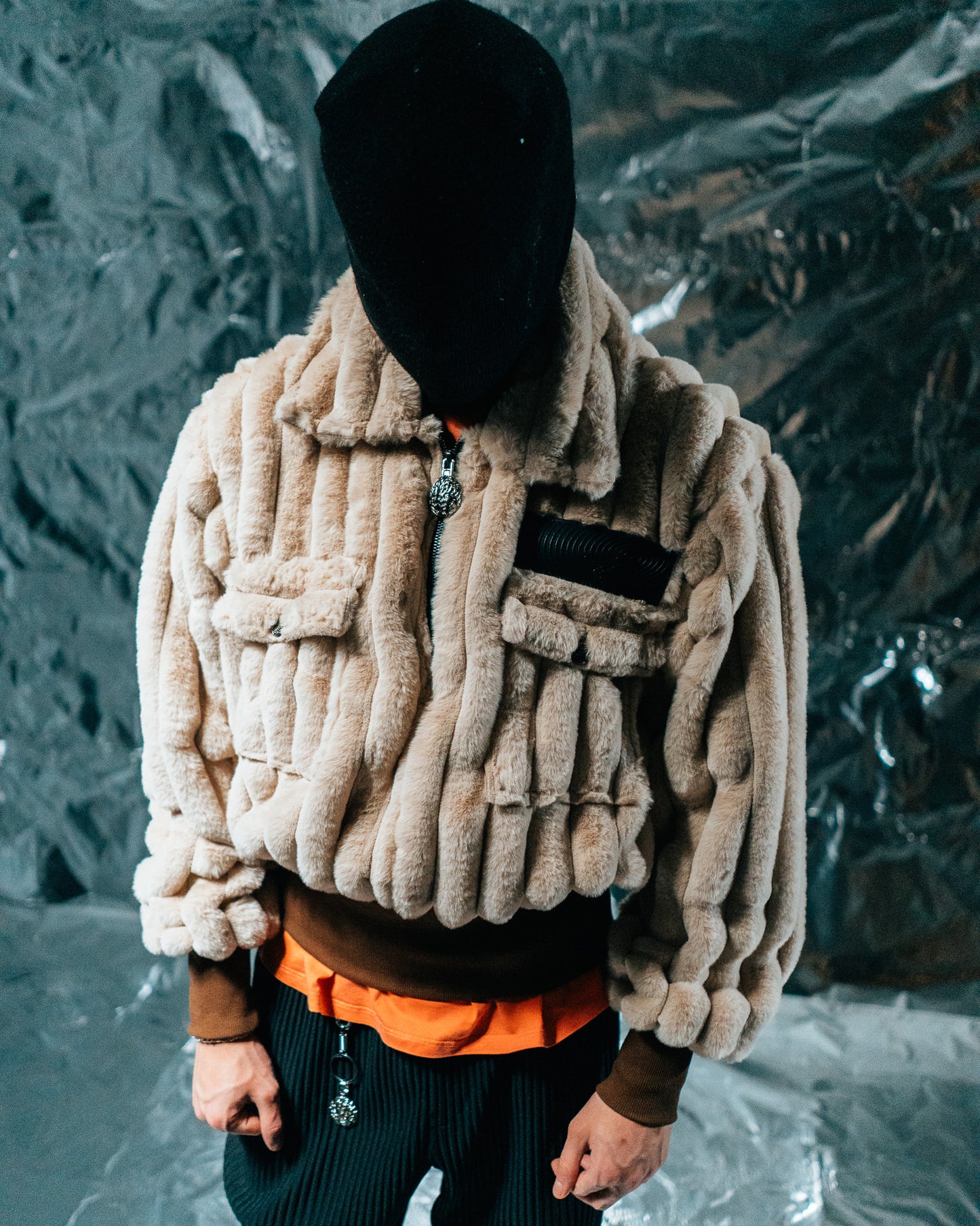 Beige plaid Fur Half-zip