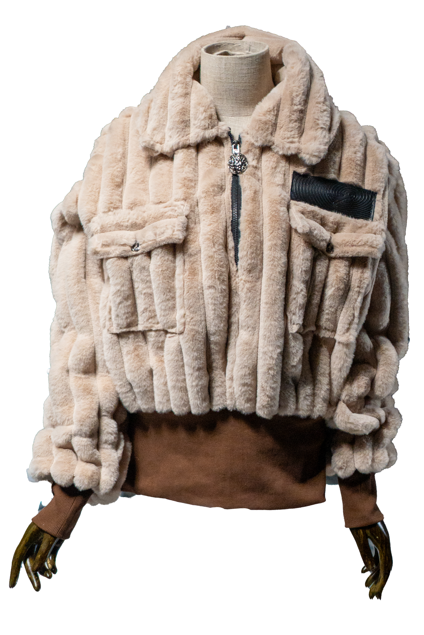 Beige plaid Fur Half-zip