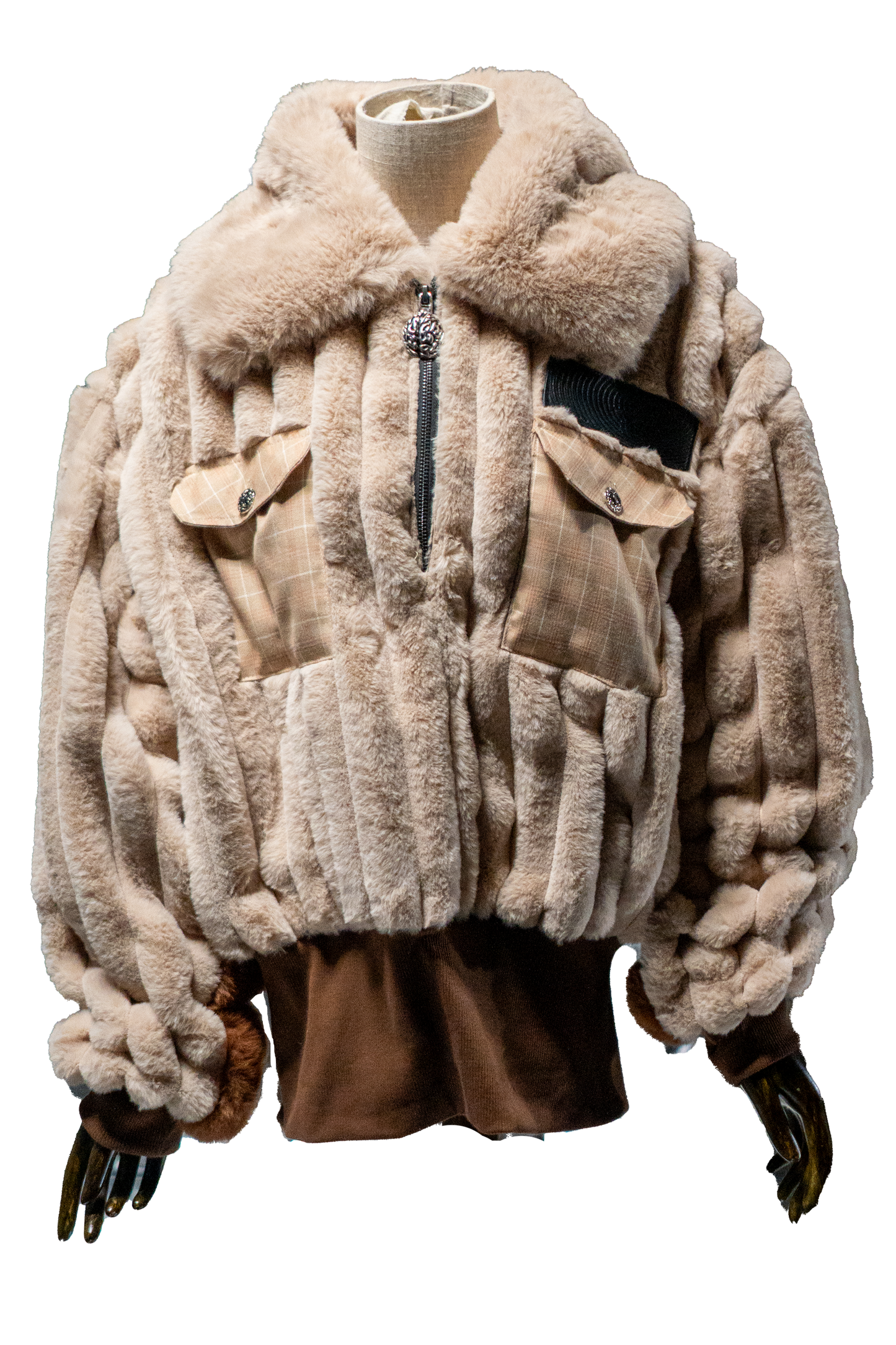 Plaid Beige/checkered wool Fur Half-zip