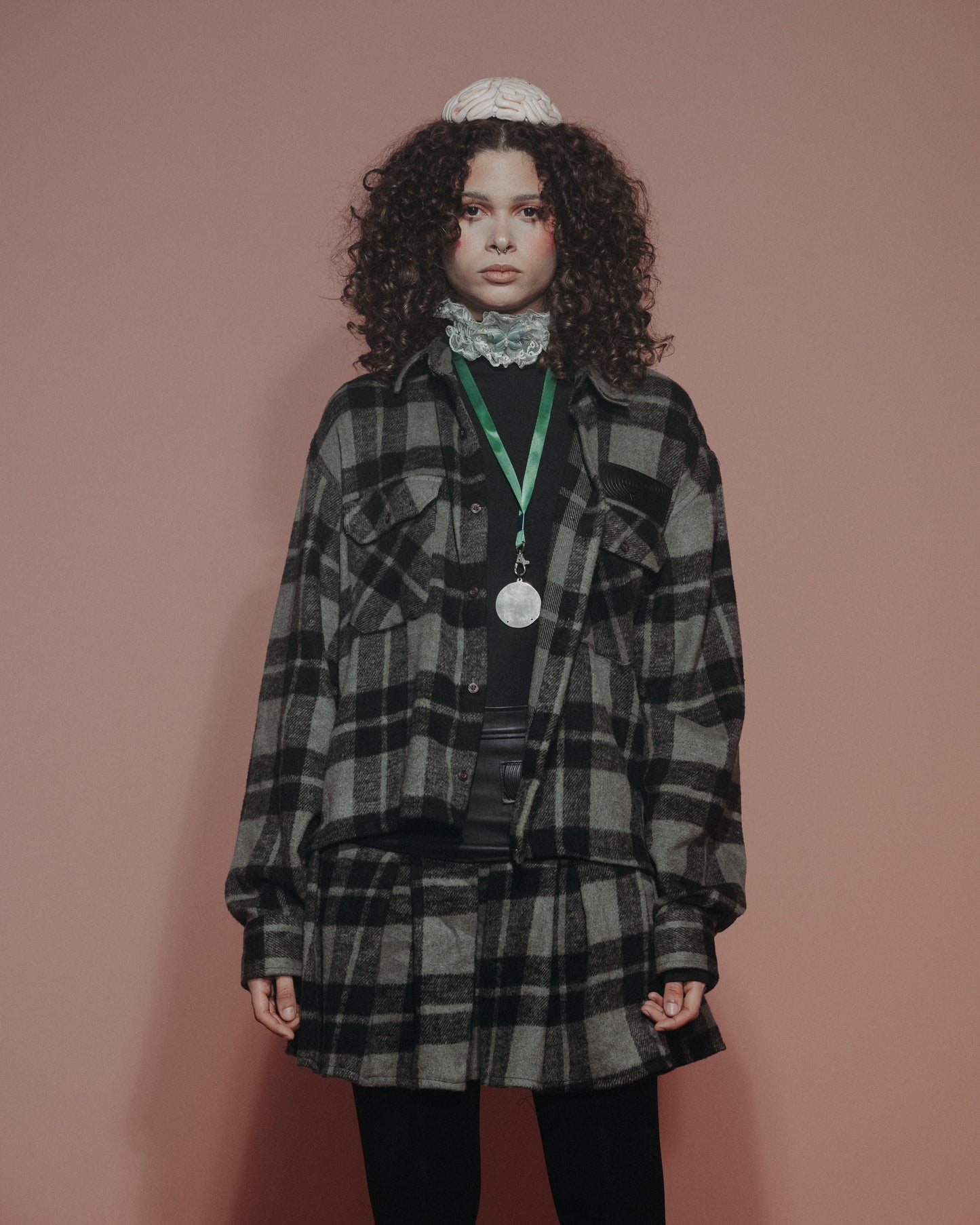 Genuine leather Green plaid pleated Skirt