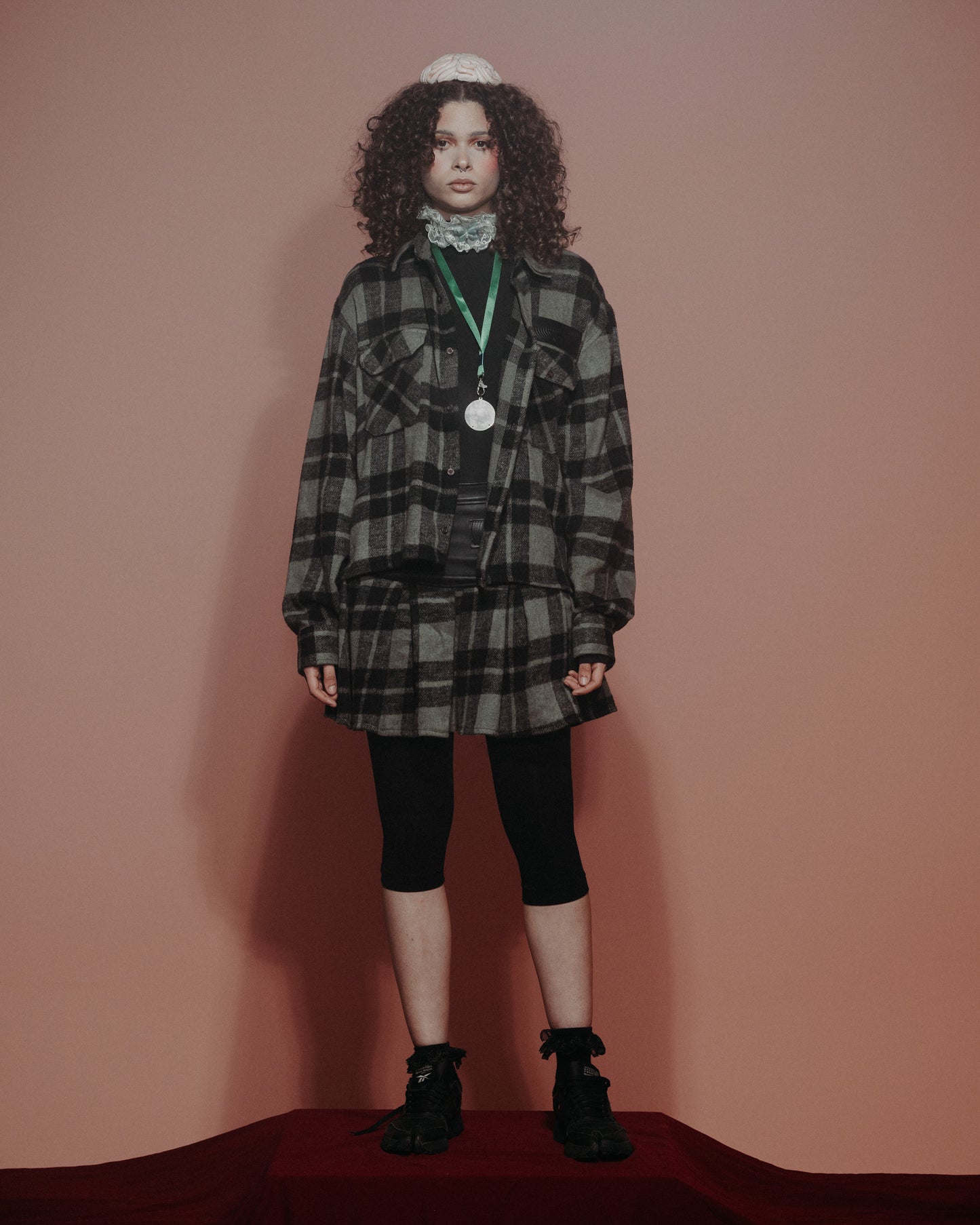 Genuine leather Green plaid pleated Skirt