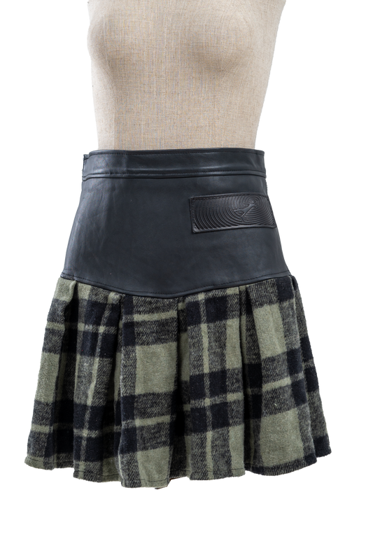 Genuine leather Green plaid pleated Skirt