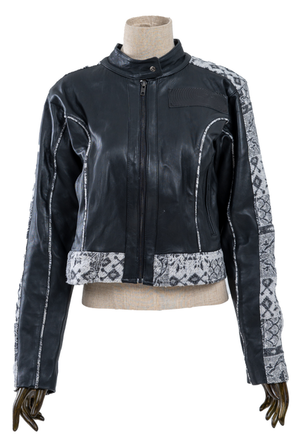 Genuine Leather Gray Patterned Racer Jacket