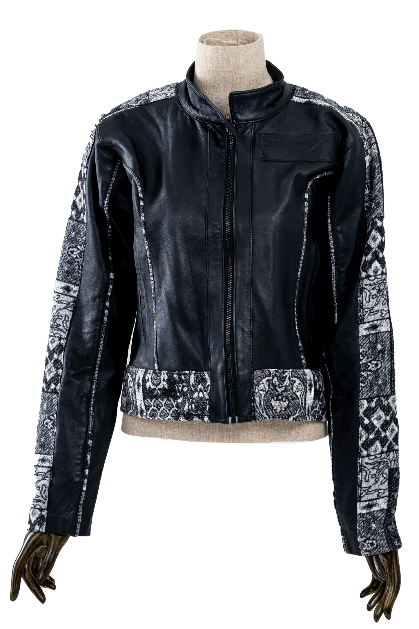 Black Genuine Leather Black Patterned Racer Jacket