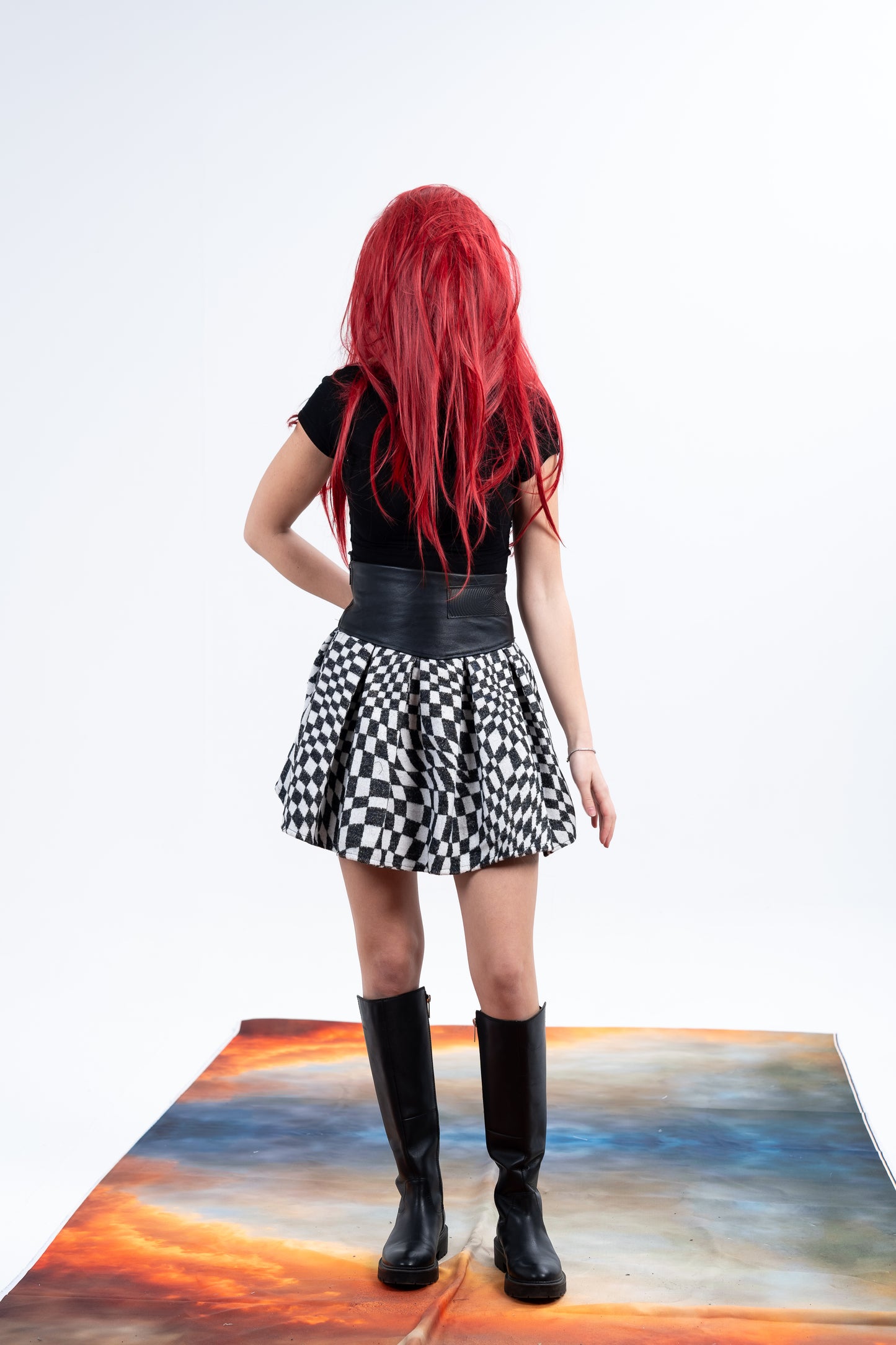 Checkered Genuine Leather Skirt