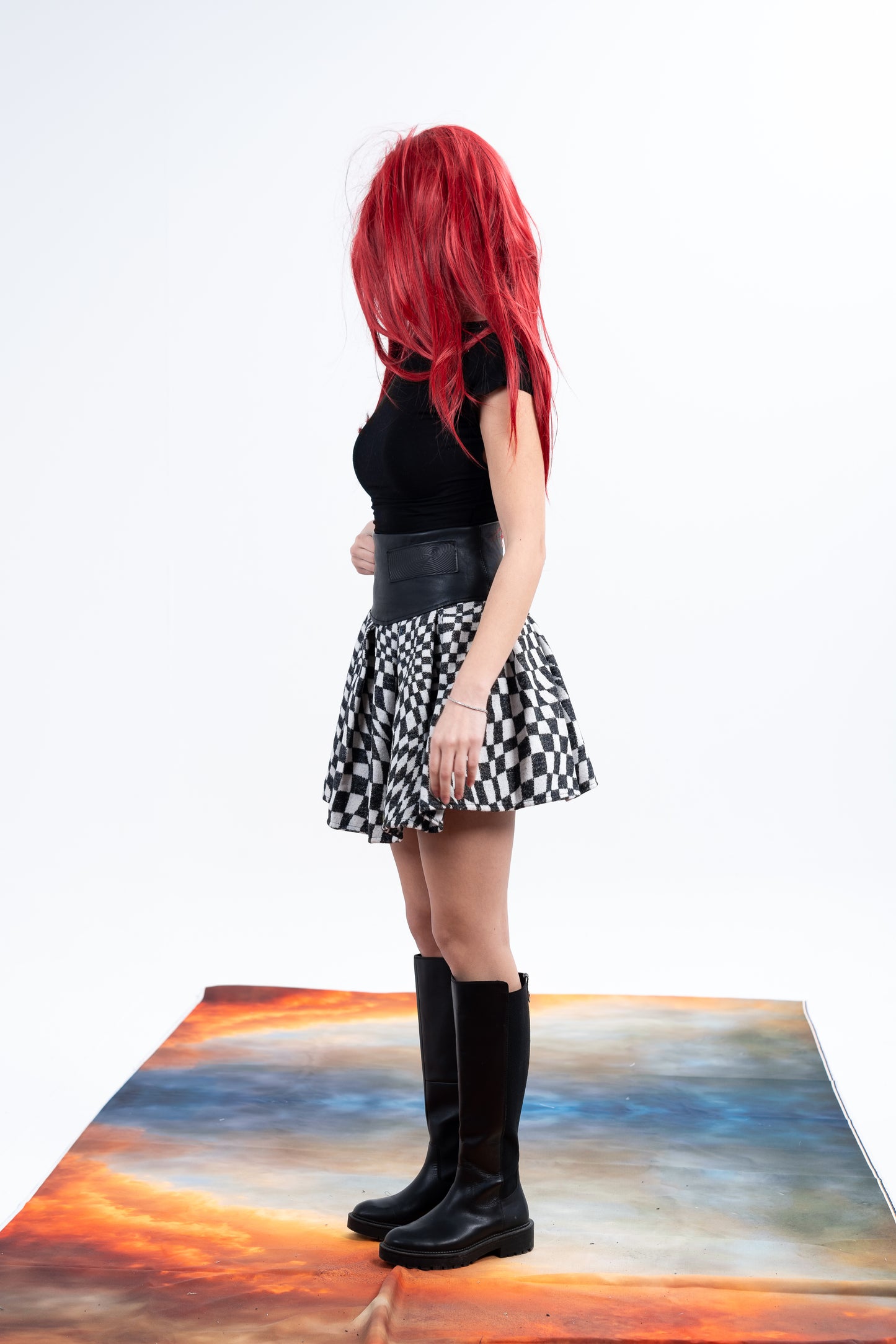 Checkered Genuine Leather Skirt