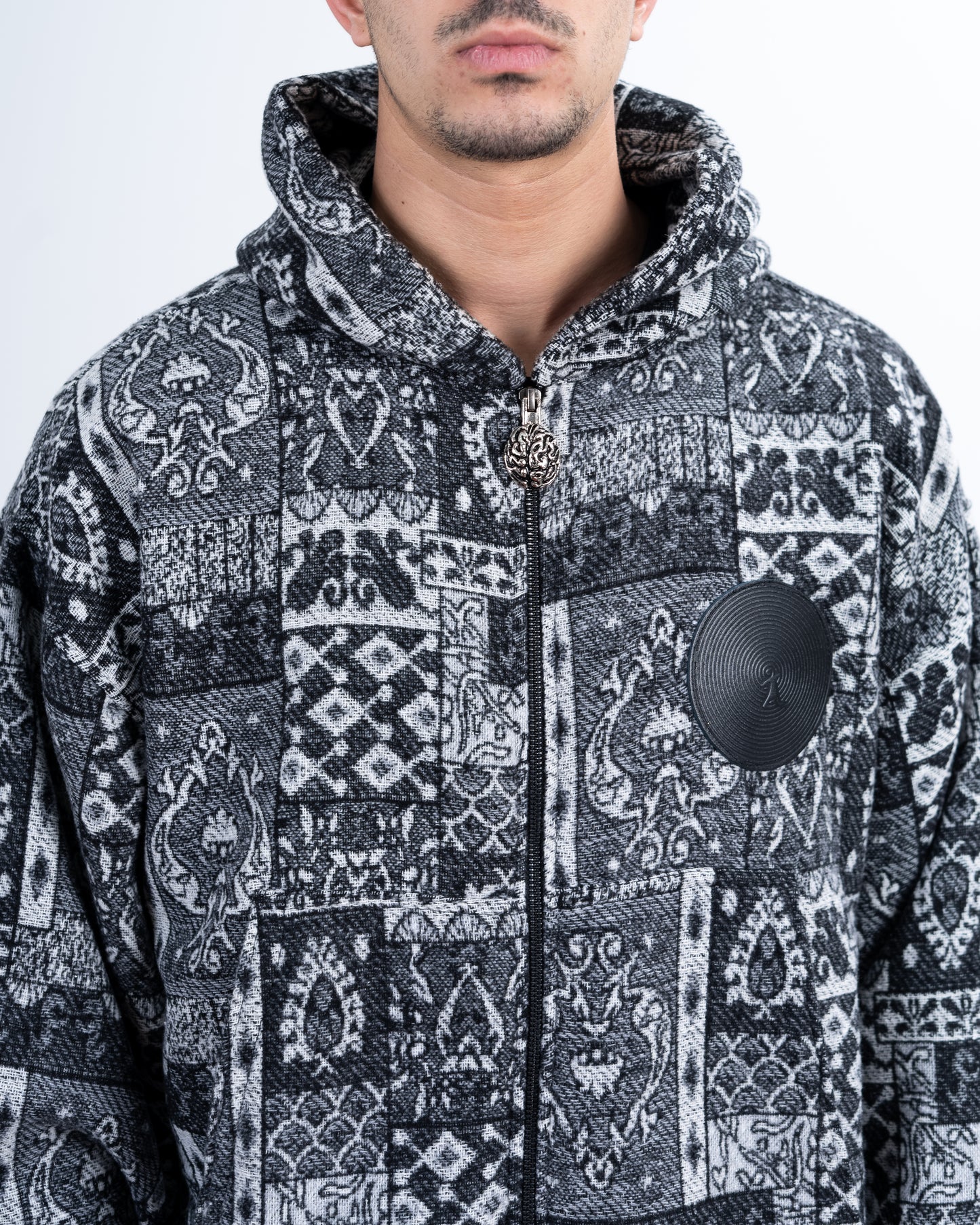 Black Patterned Zip Up Hoodie