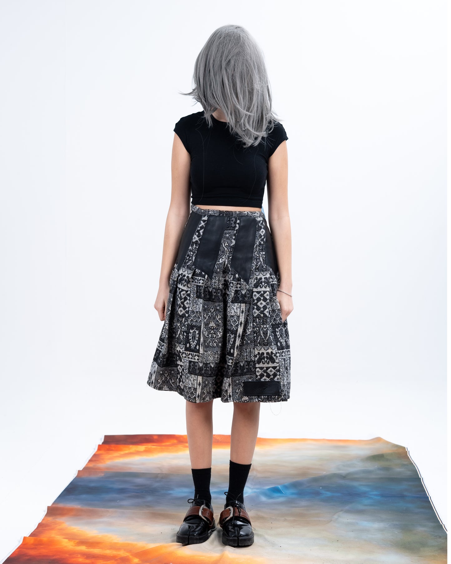 Black Jacquard Long pleated patterned Skirt