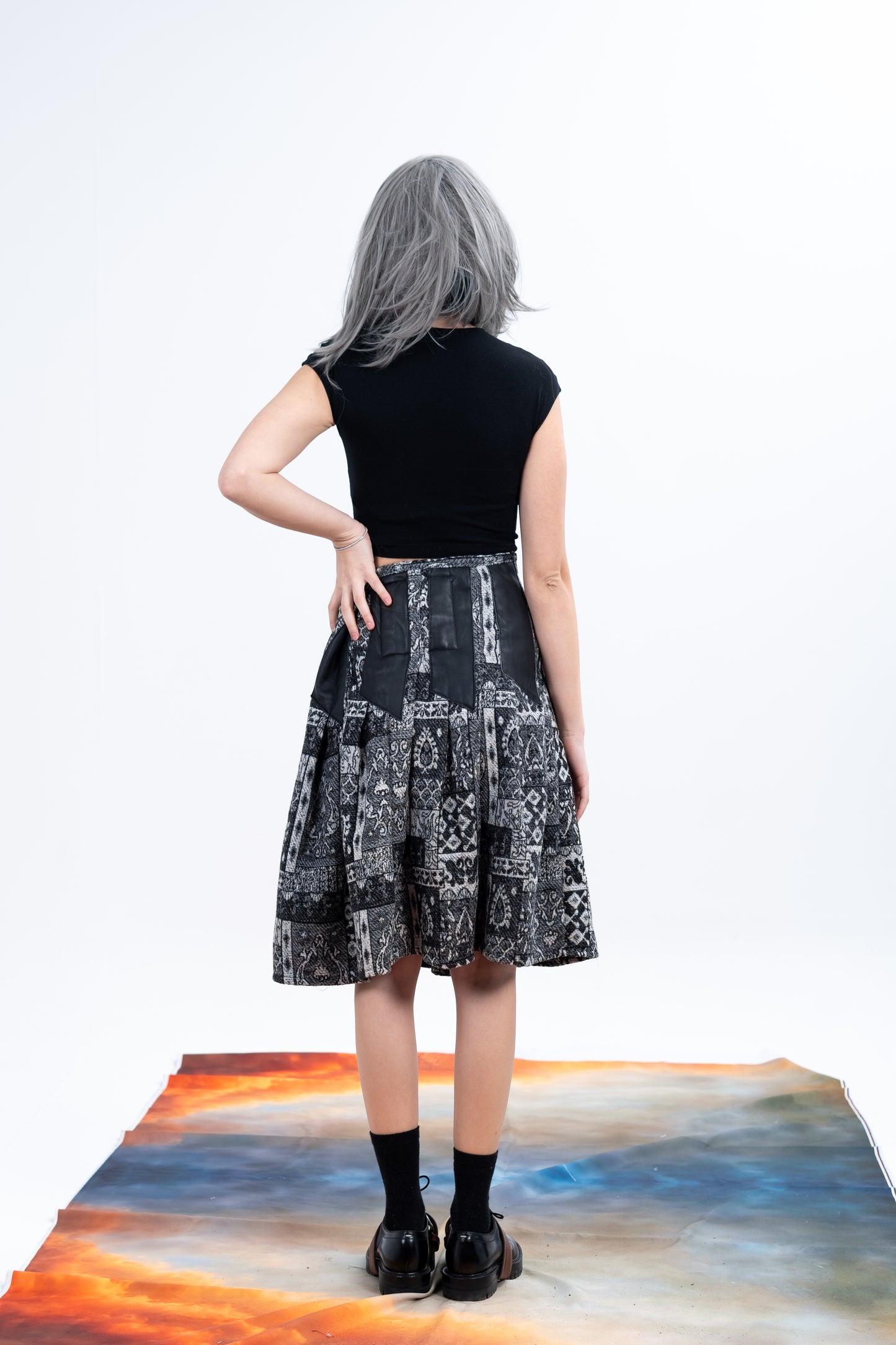 Black Jacquard Long pleated patterned Skirt