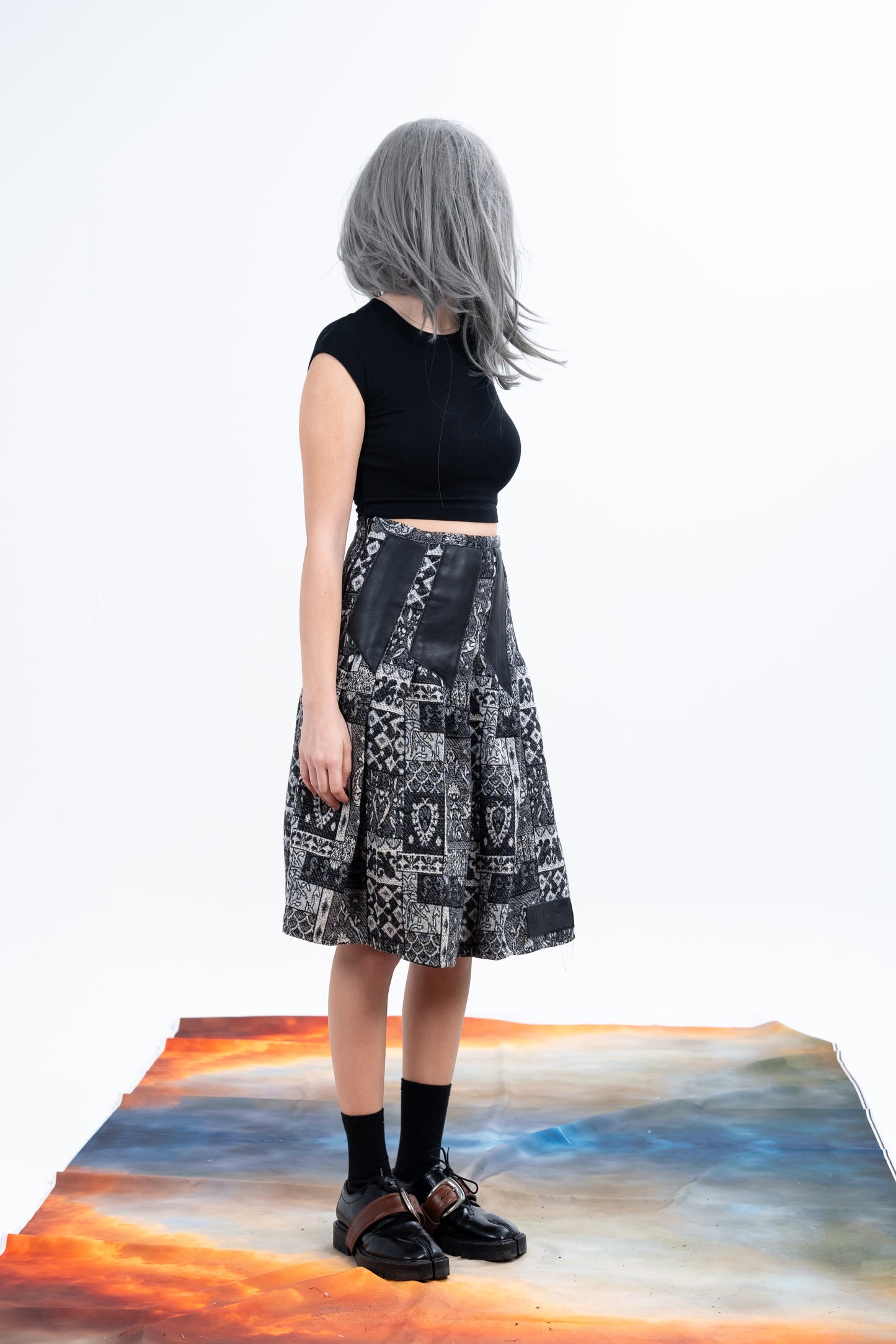 Black Jacquard Long pleated patterned Skirt