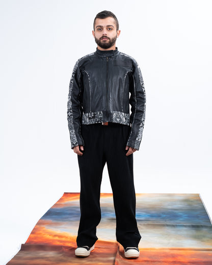 Black Genuine Leather Black Patterned Racer Jacket