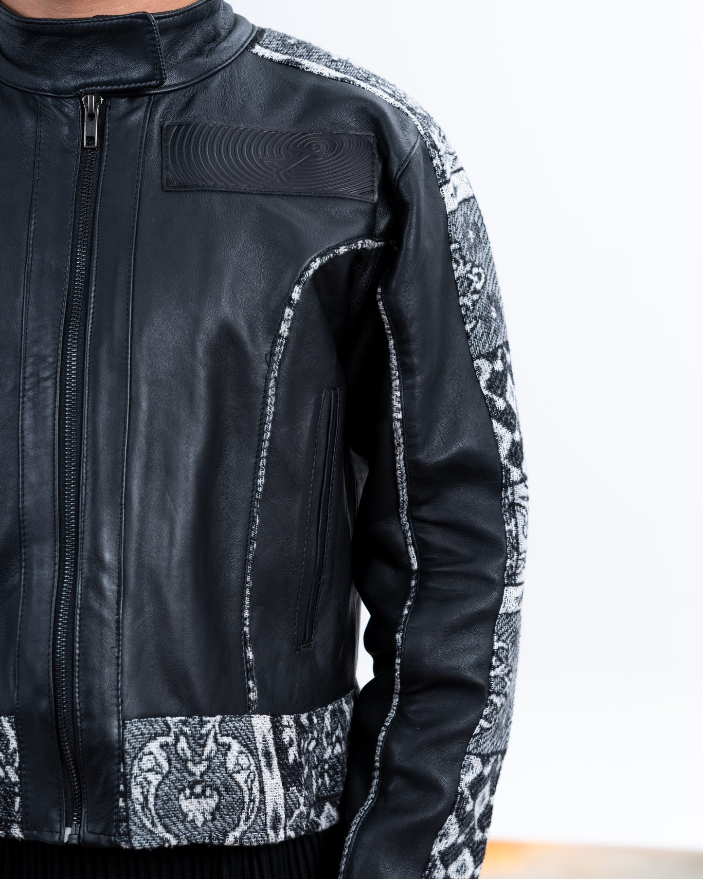 Black Genuine Leather Black Patterned Racer Jacket