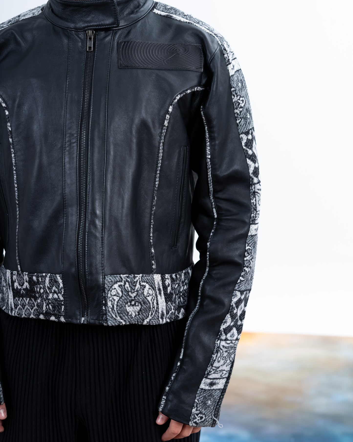 Black Genuine Leather Black Patterned Racer Jacket