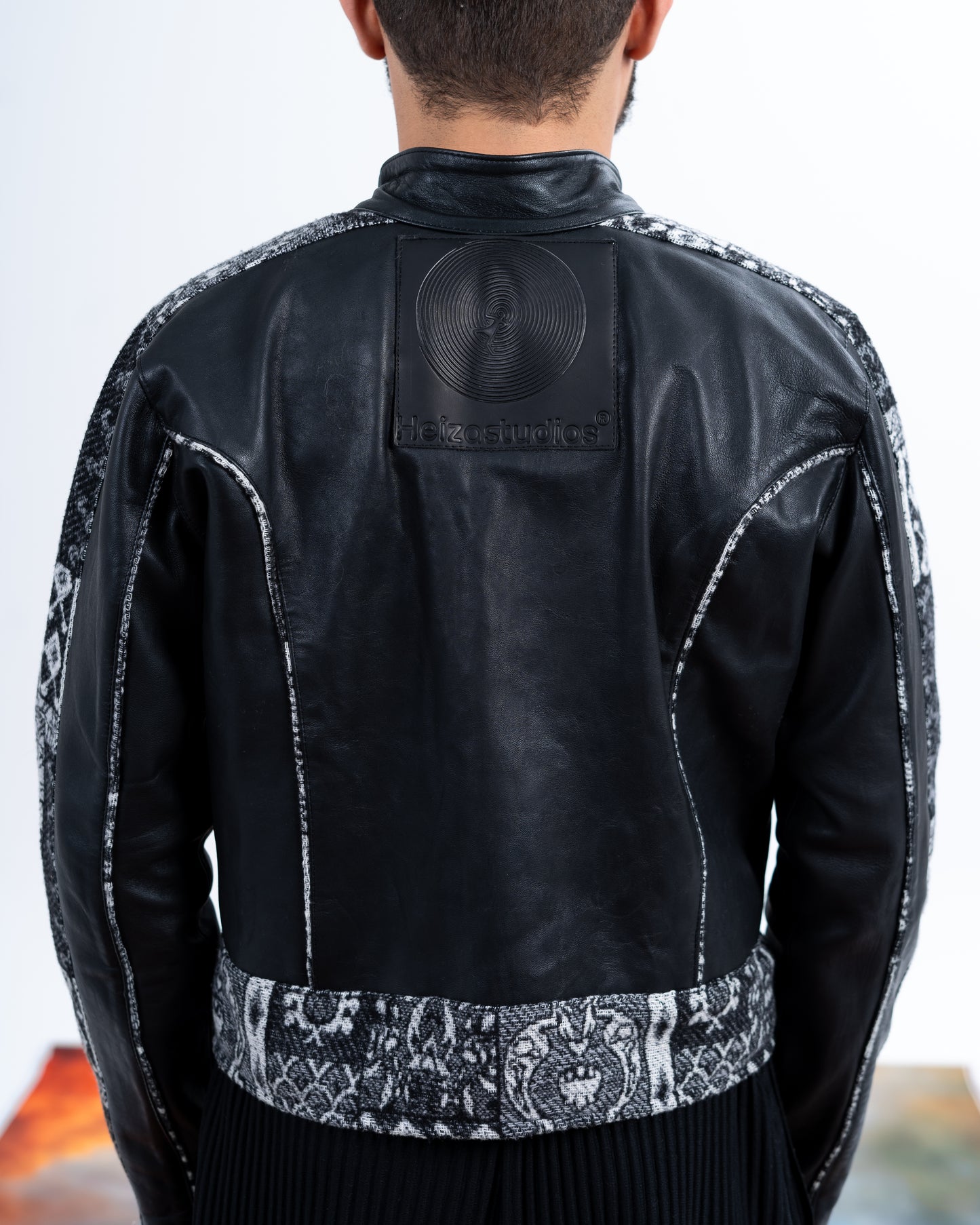 Black Genuine Leather Black Patterned Racer Jacket