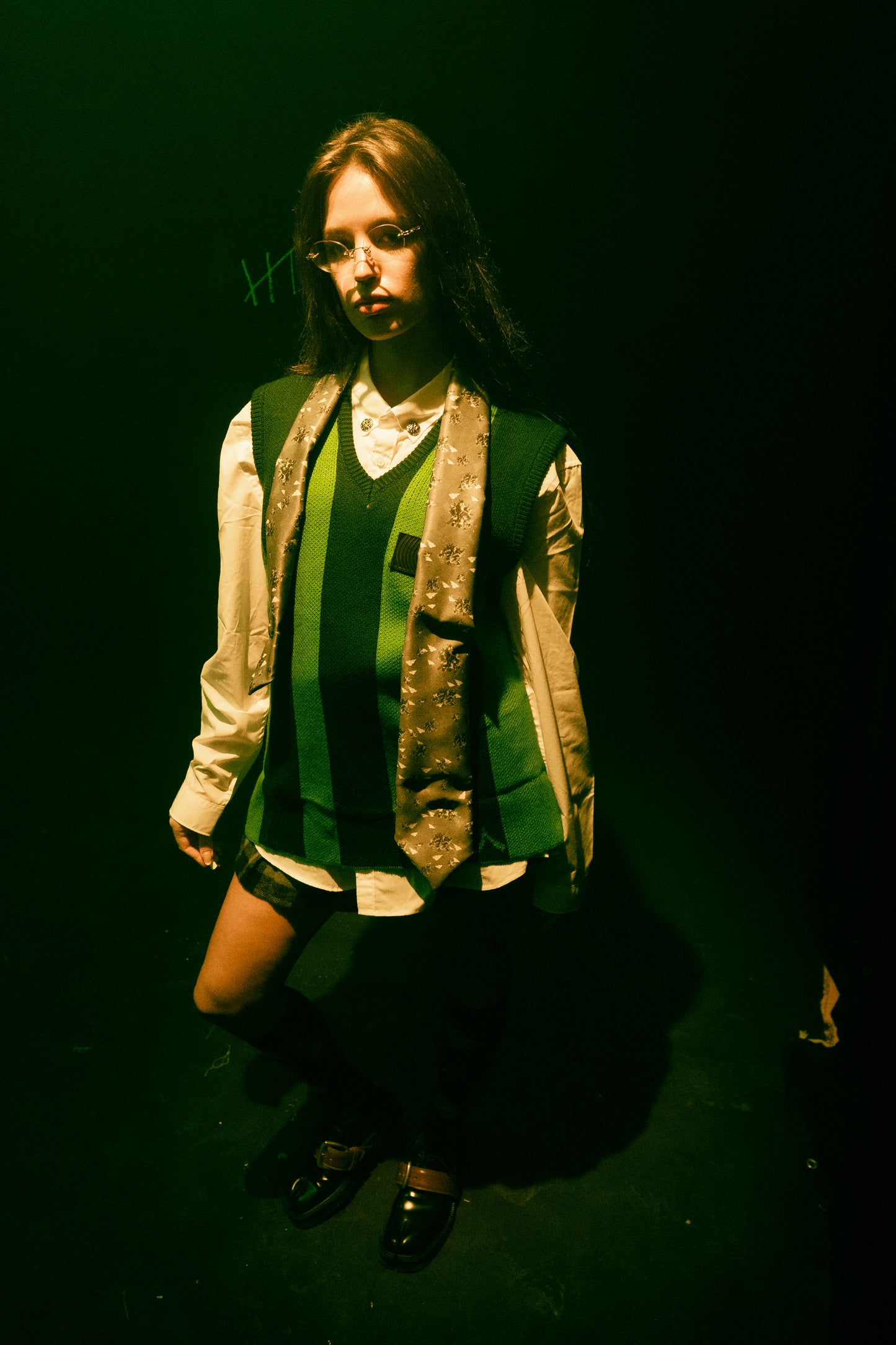 Green Knitted & Jacquard Vest with Genuine Leather Patches