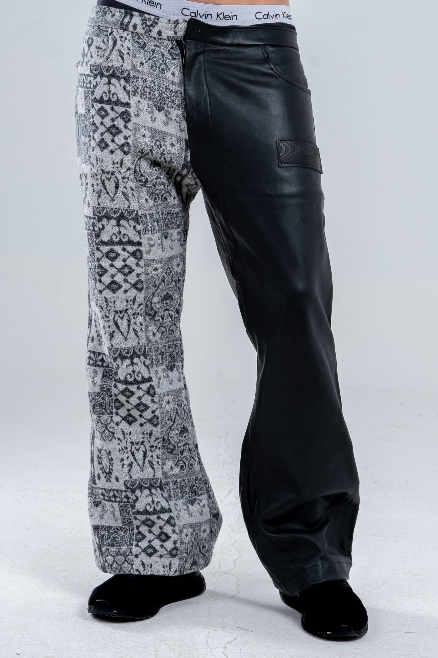 Black Genuine Leather Gray Patterned Pants