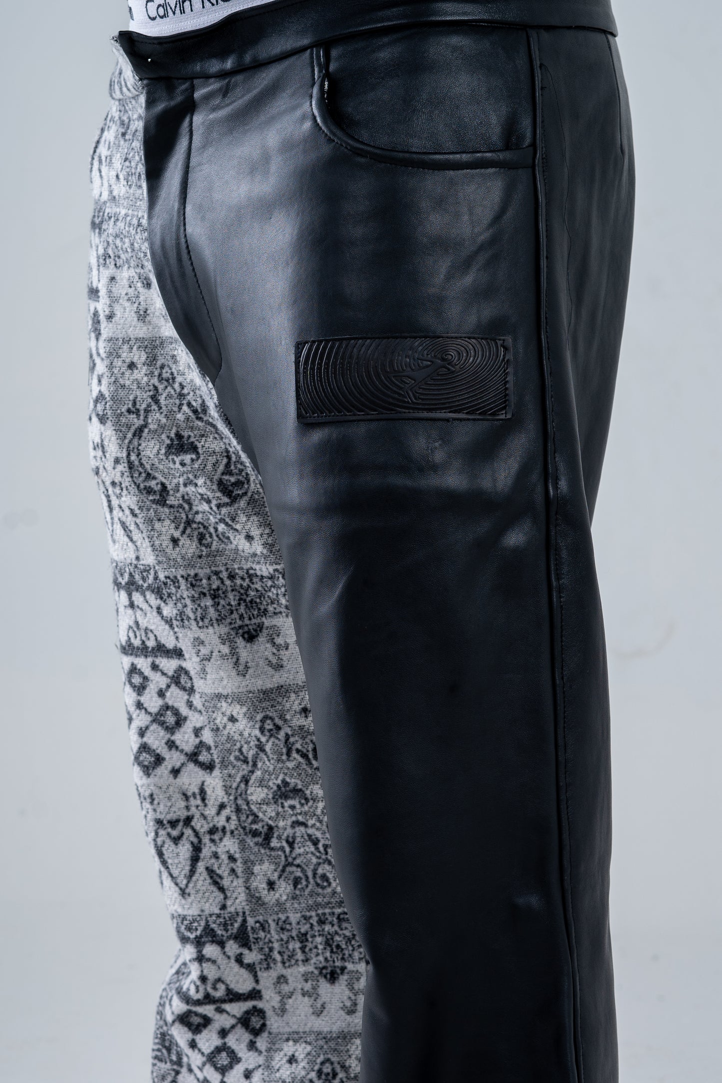 Black Genuine Leather Gray Patterned Pants