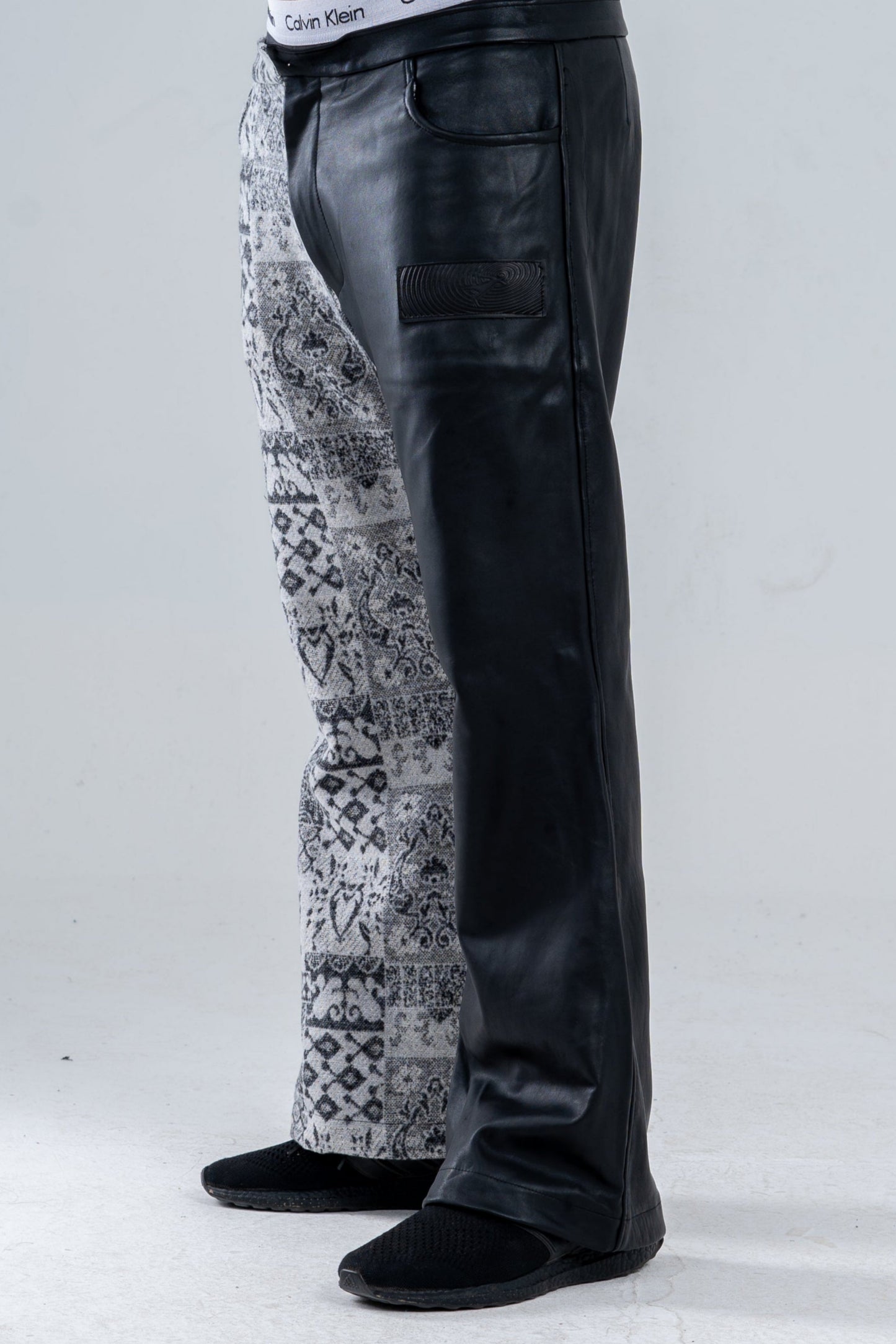 Black Genuine Leather Gray Patterned Pants