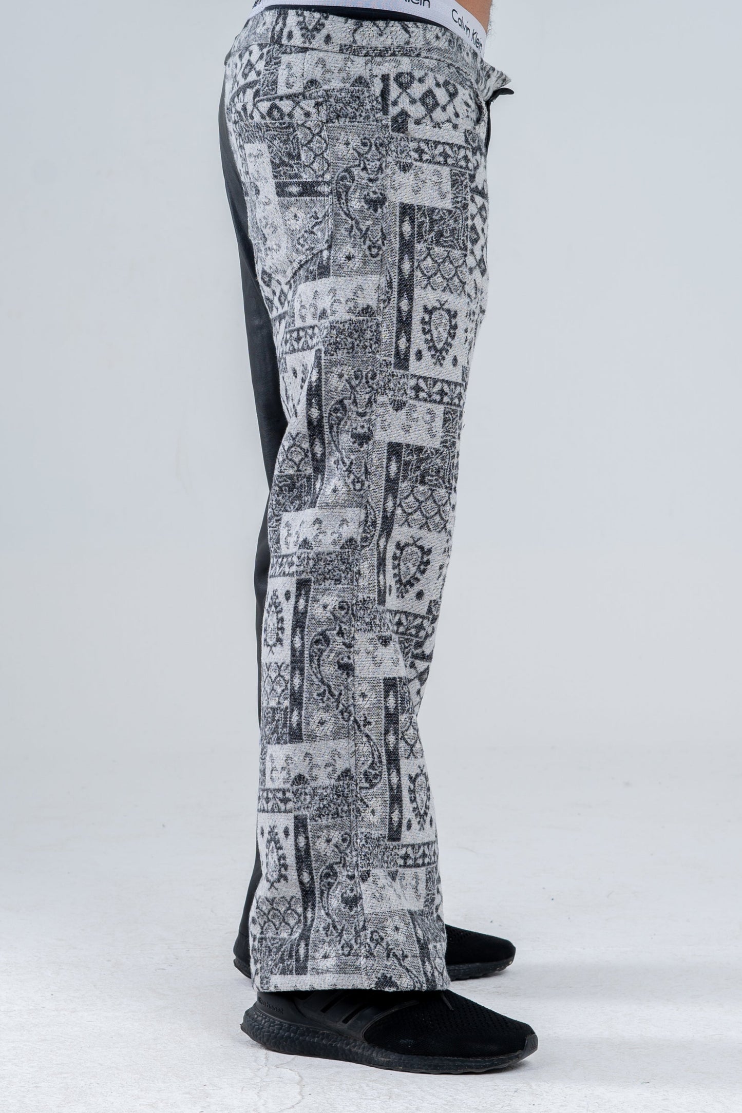 Black Genuine Leather Gray Patterned Pants