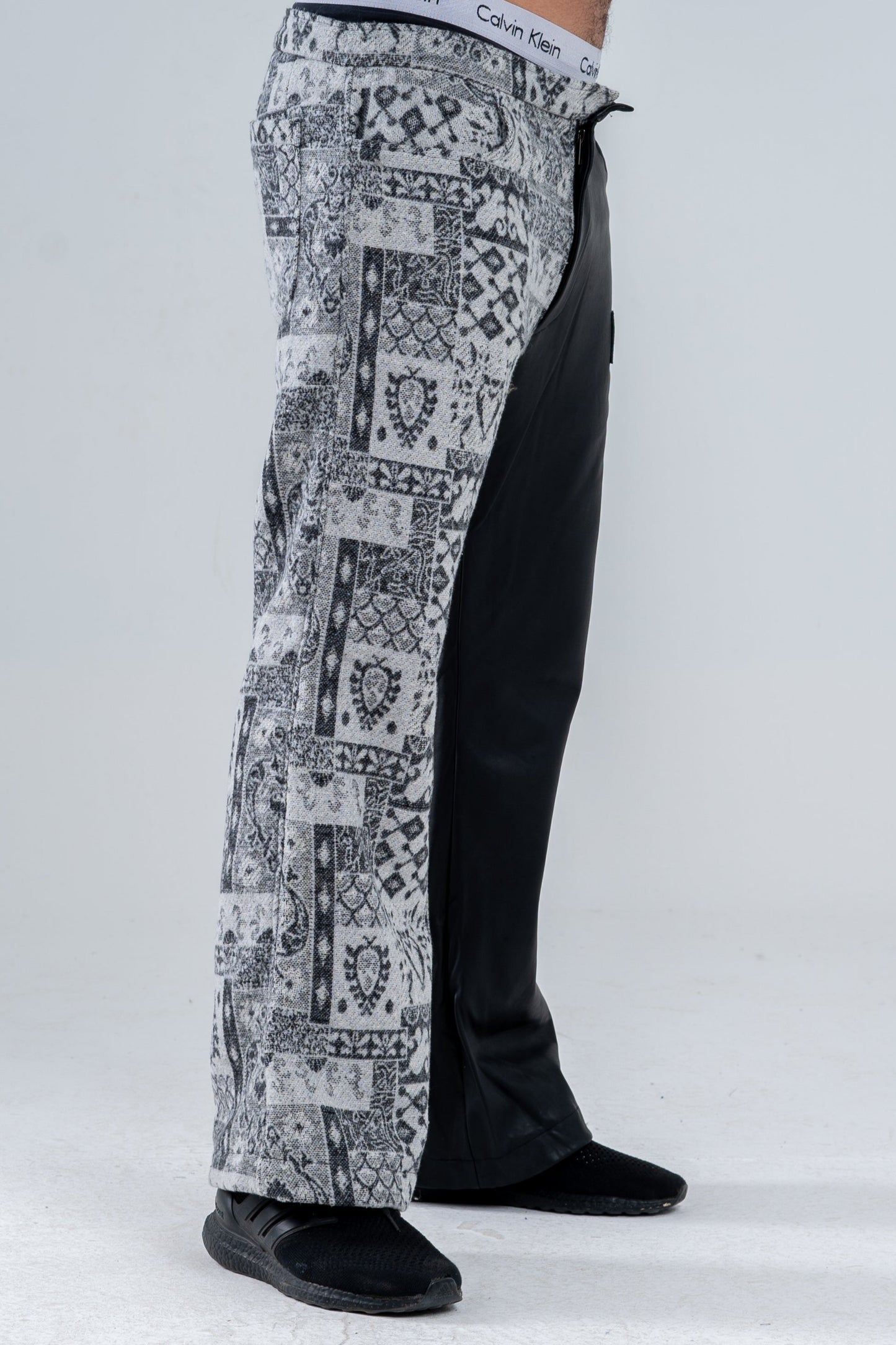 Black Genuine Leather Gray Patterned Pants