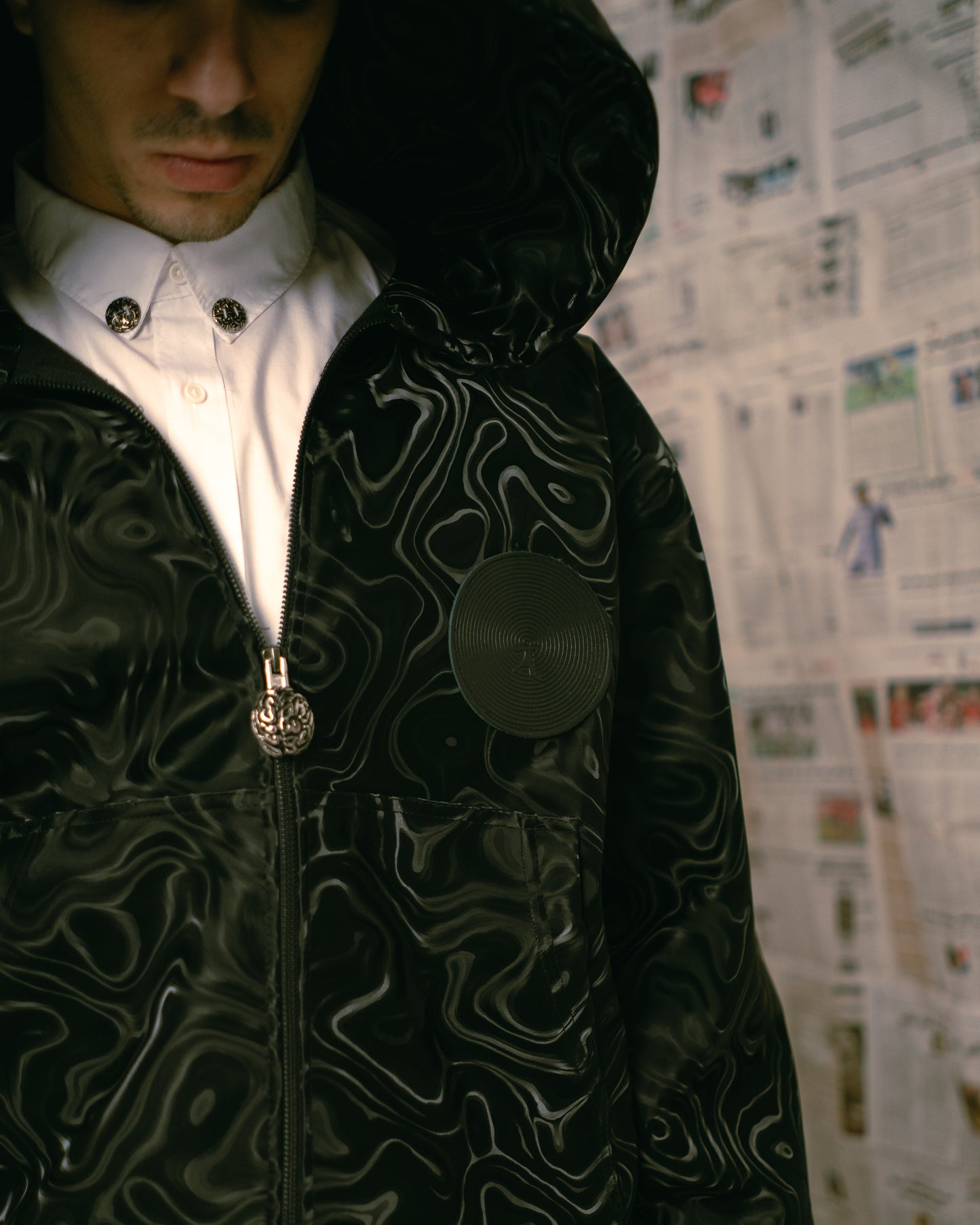 Patterned leather zip-up hoodie