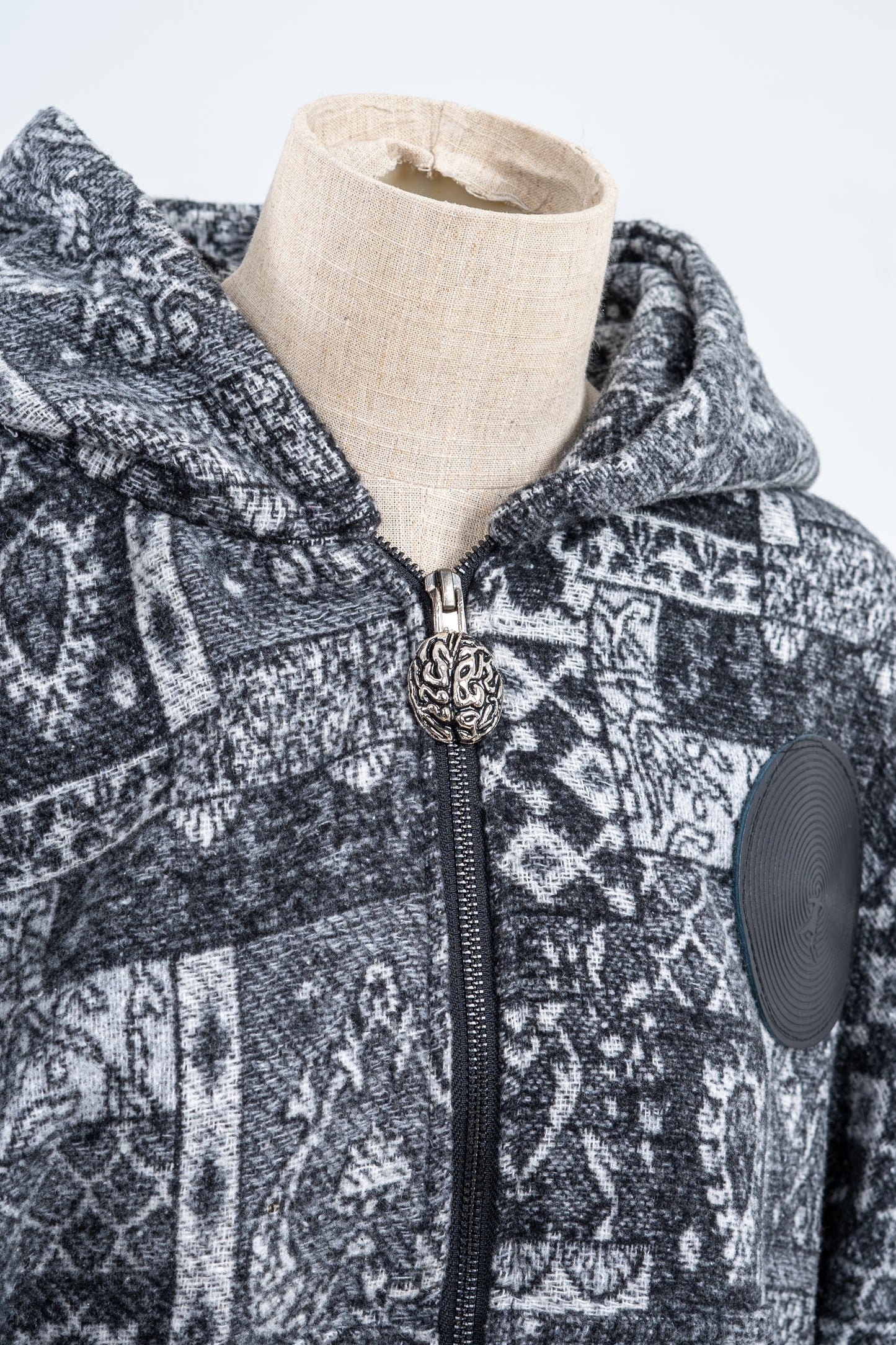 Black Patterned Zip Up Hoodie