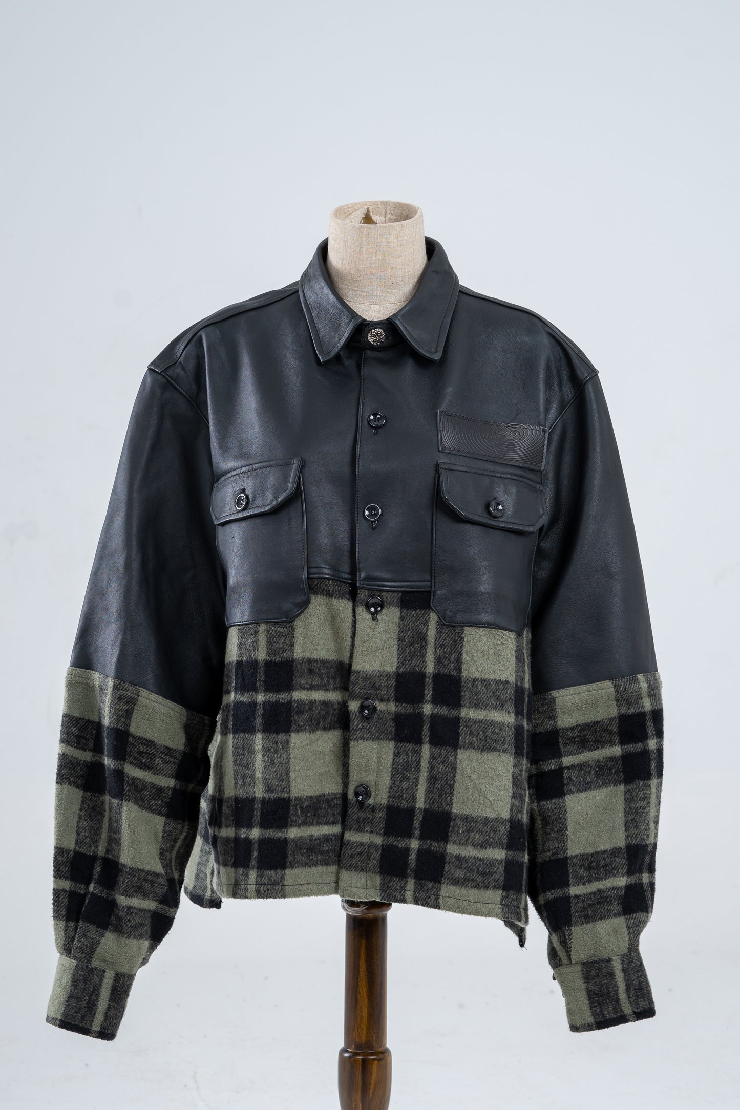 Genuine Leather and Green Plaid Flannel shirt