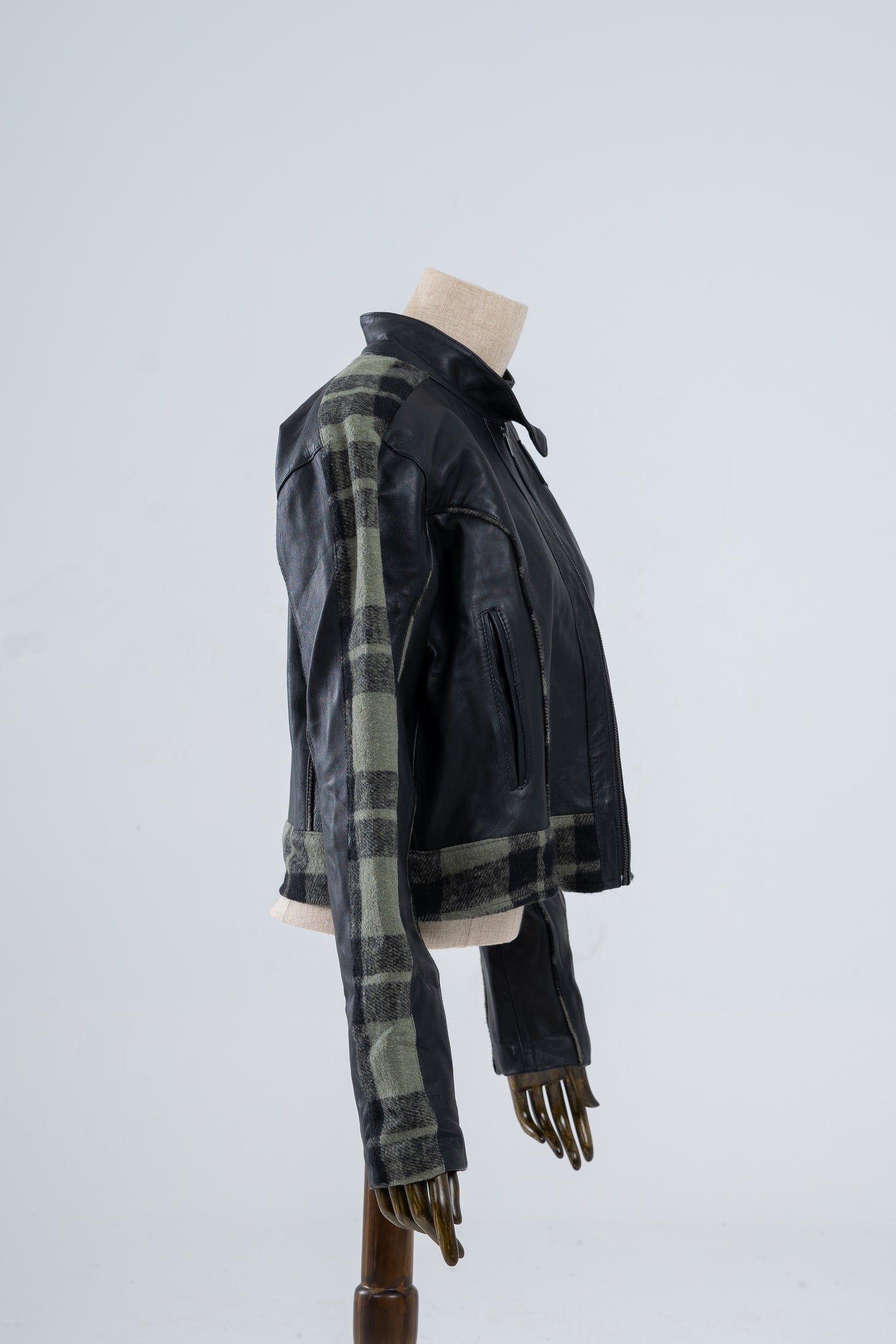 Genuine leather Jacket With Plaid Green Pattern