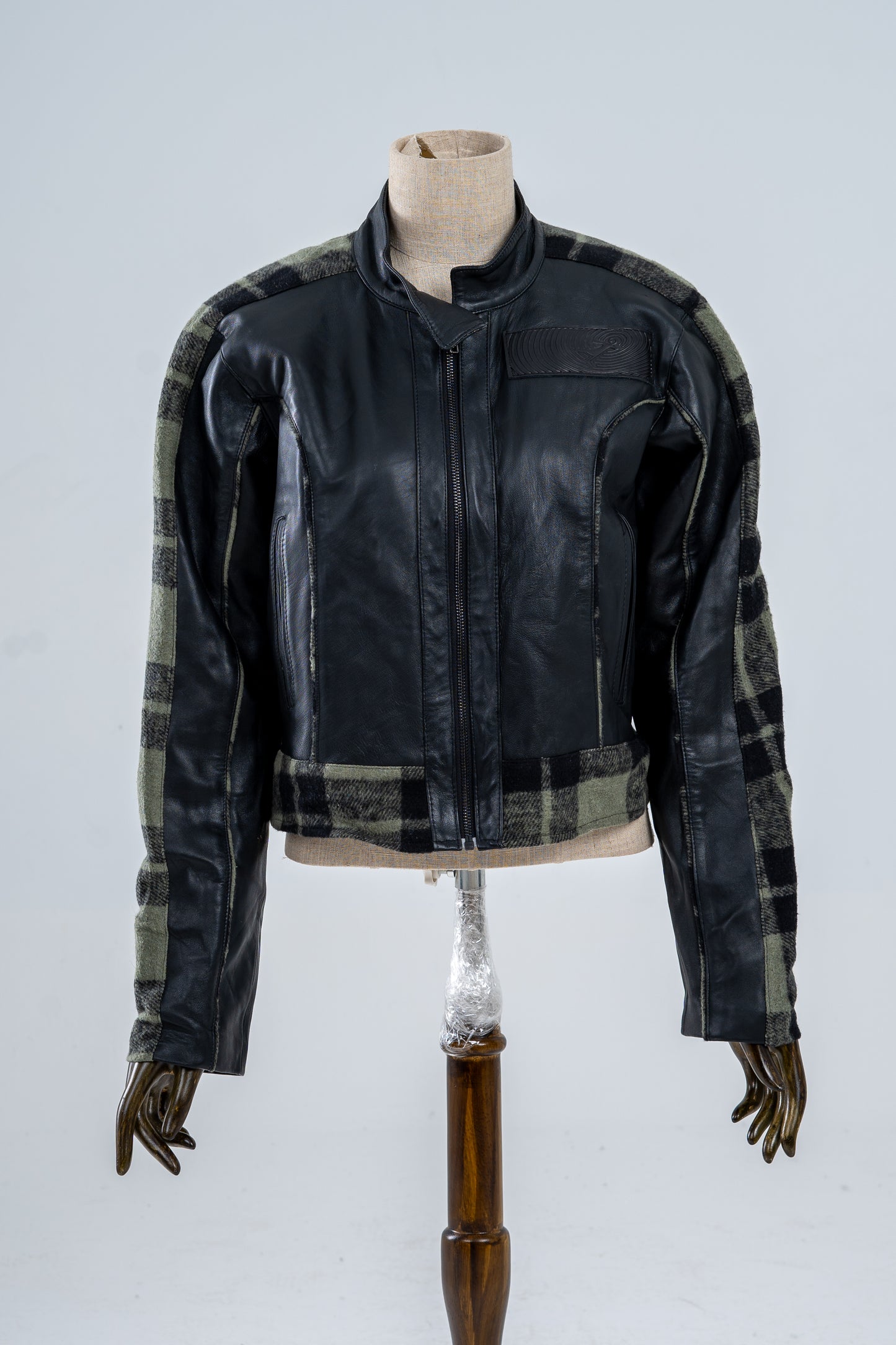 Genuine leather Jacket With Plaid Green Pattern