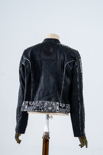 Black Genuine Leather Black Patterned Racer Jacket