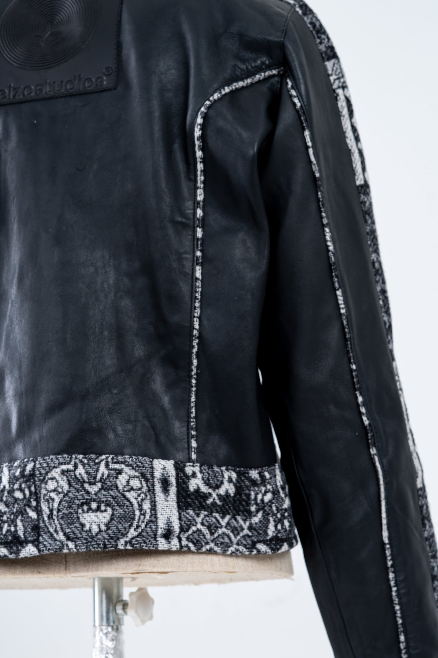 Black Genuine Leather Black Patterned Racer Jacket