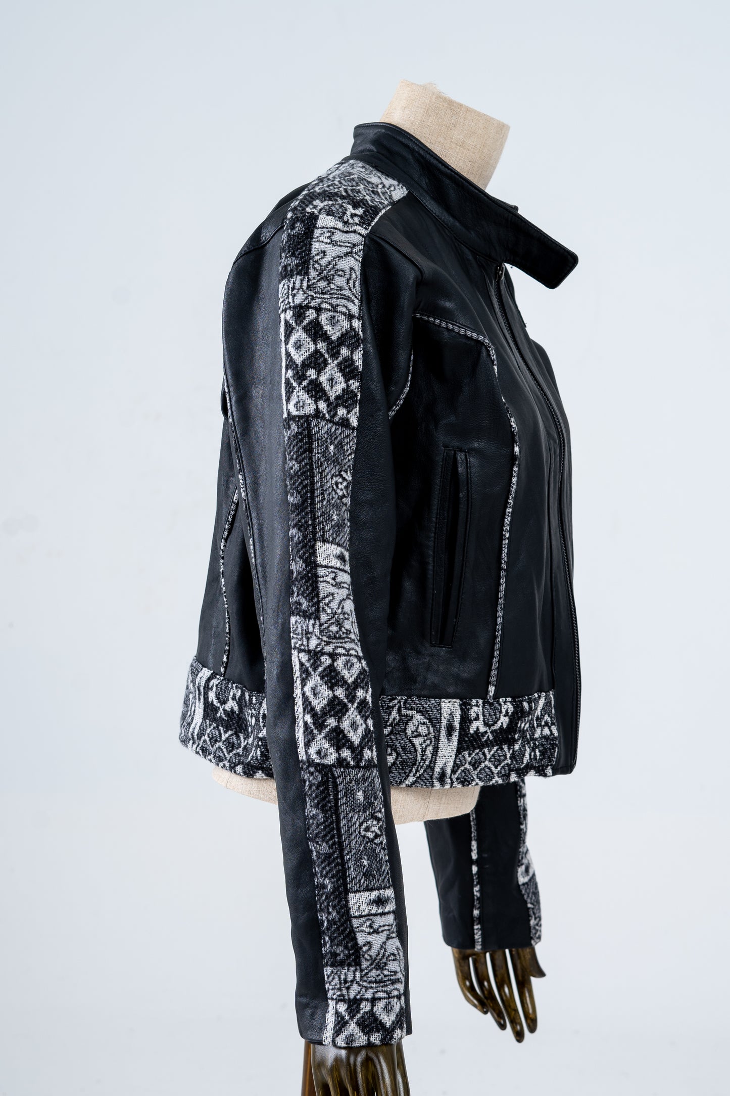 Black Genuine Leather Black Patterned Racer Jacket