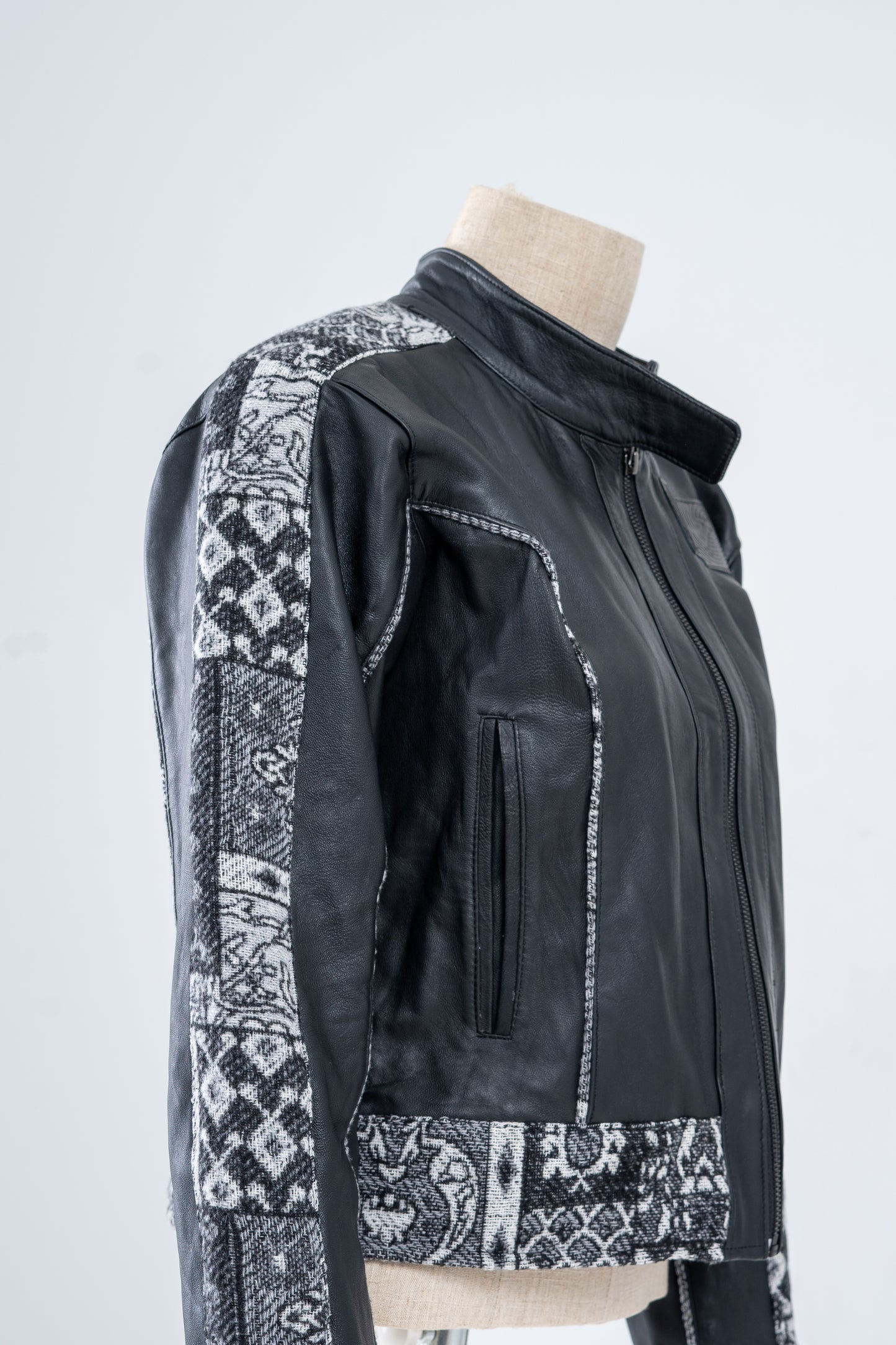 Black Genuine Leather Black Patterned Racer Jacket