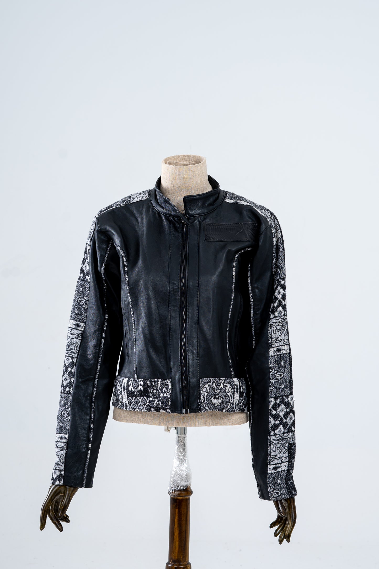 Black Genuine Leather Black Patterned Racer Jacket