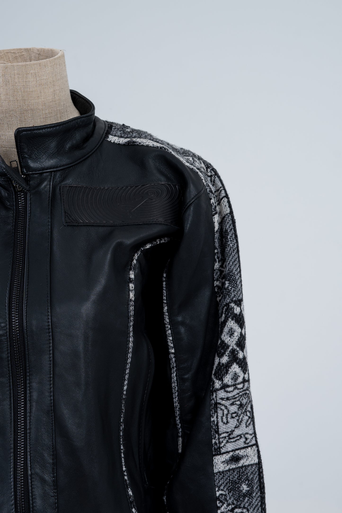 Black Genuine Leather Black Patterned Racer Jacket