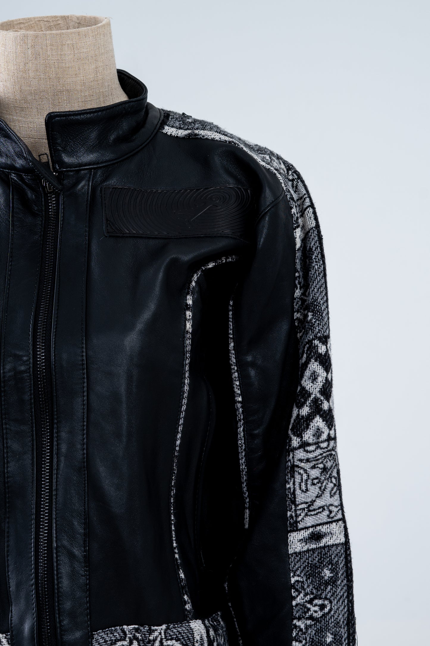 Black Genuine Leather Black Patterned Racer Jacket