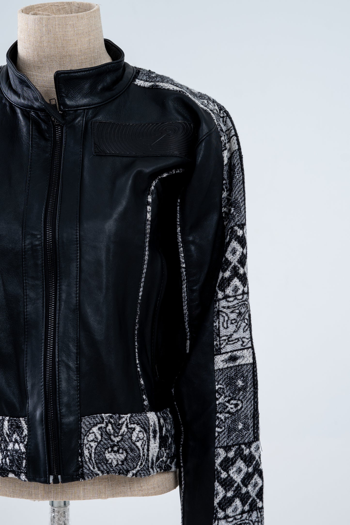 Black Genuine Leather Black Patterned Racer Jacket