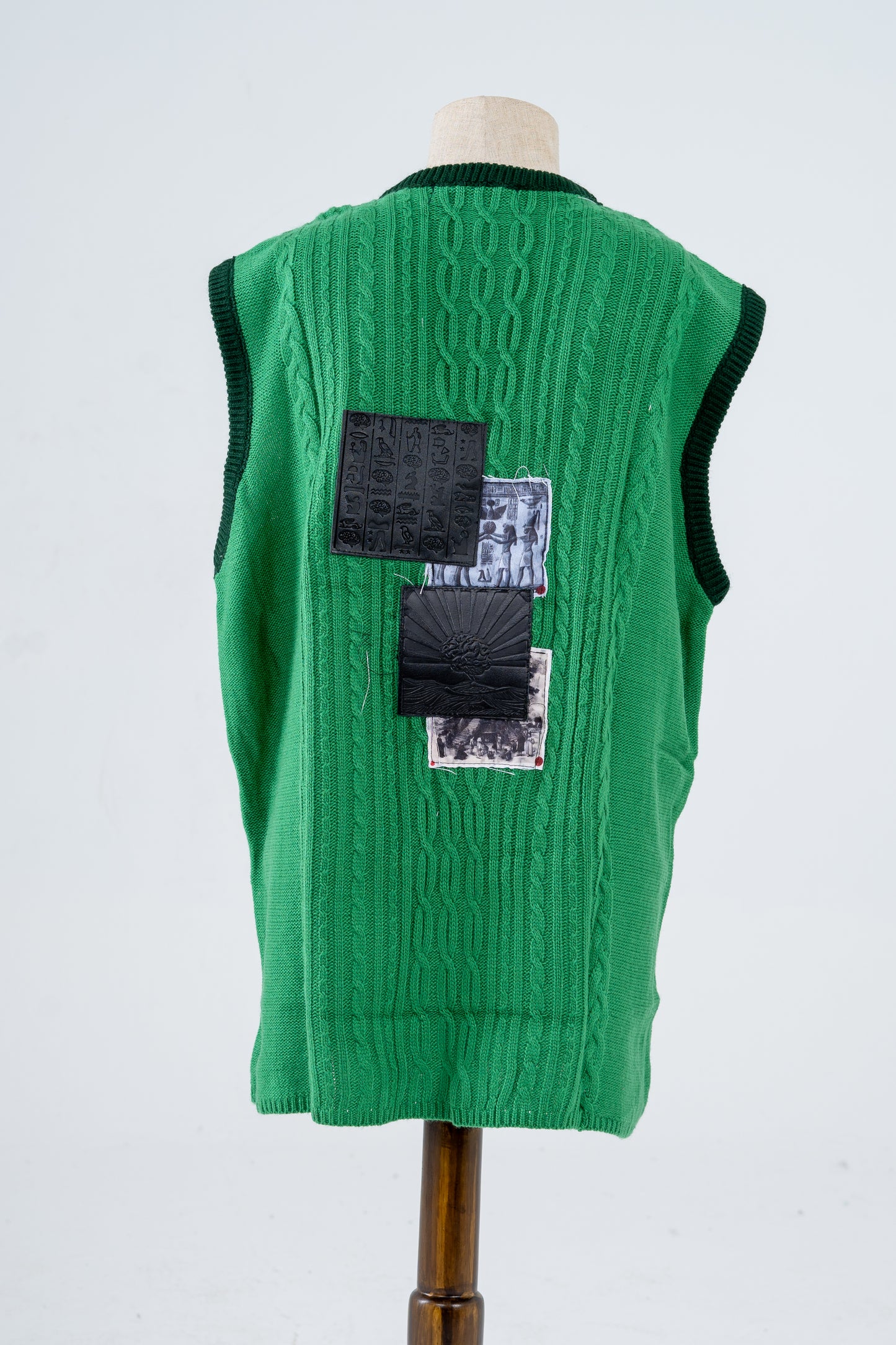 Green Knitted & Jacquard Vest with Genuine Leather Patches