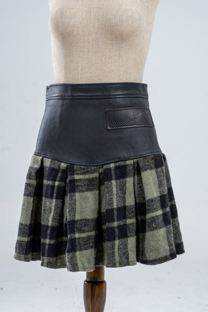 Genuine leather Green plaid pleated Skirt