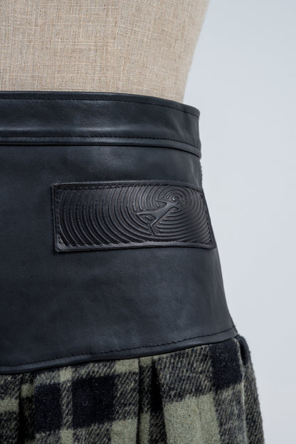 Genuine leather Green plaid pleated Skirt